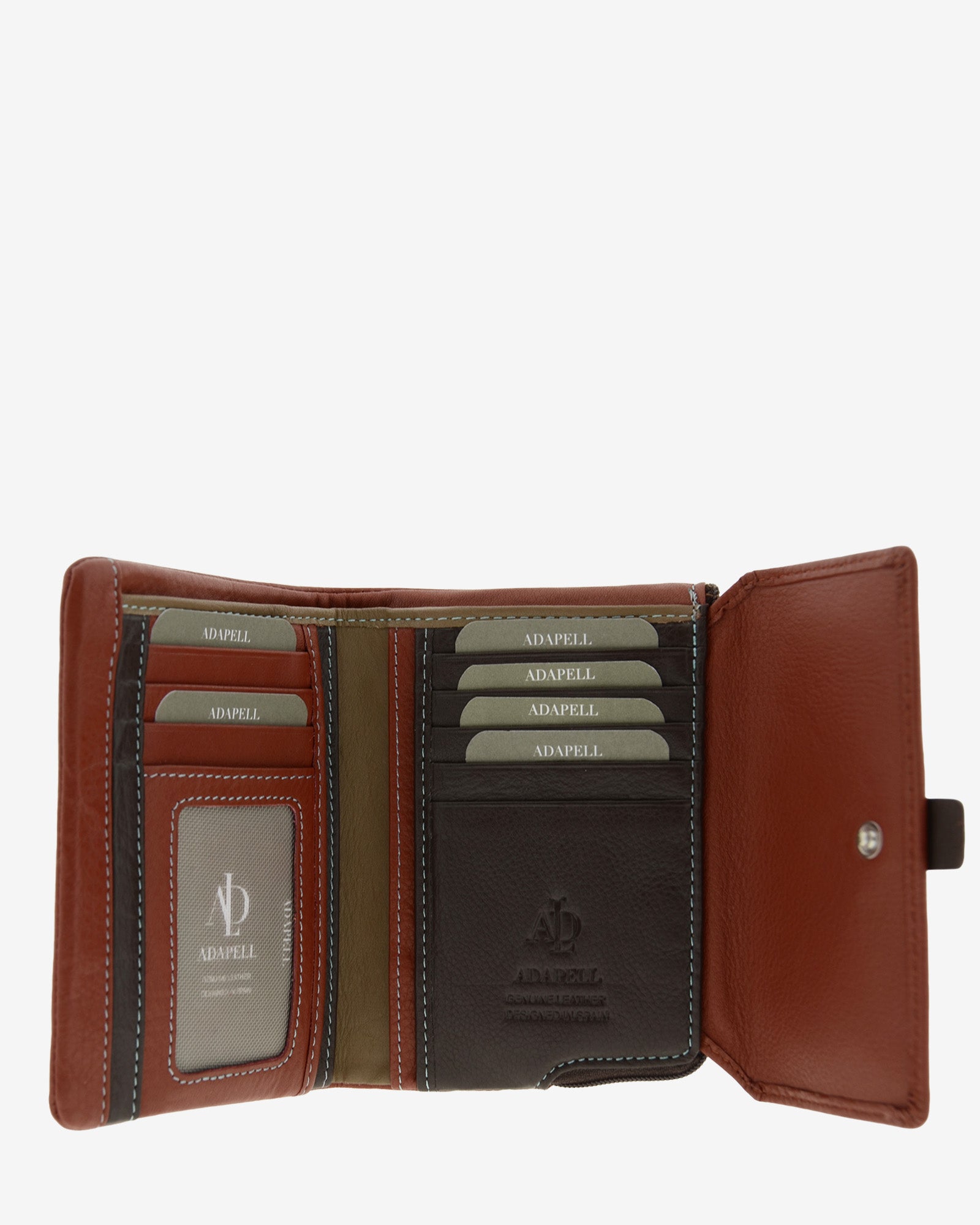Cartera de piel pequeña Adapell color chili vista interior con compartimentos y ranuras tarjetas Ref. 4243-9