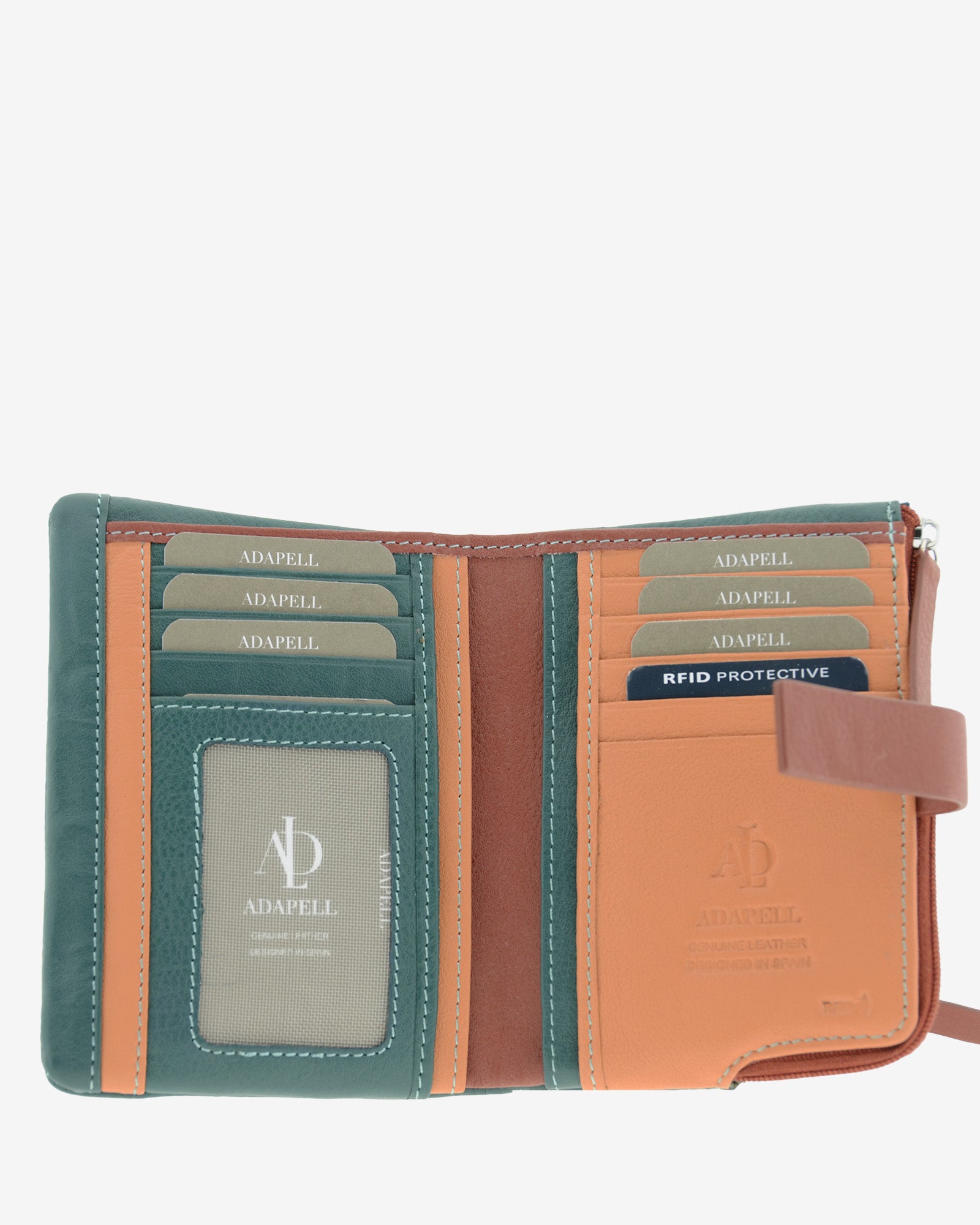 Cartera de mujer de piel auténtica ref. 4249-14, de medida mediana en color ocean teal, con protección de tarjetas RFID de la colección Brisa, vista interior con compartimentos