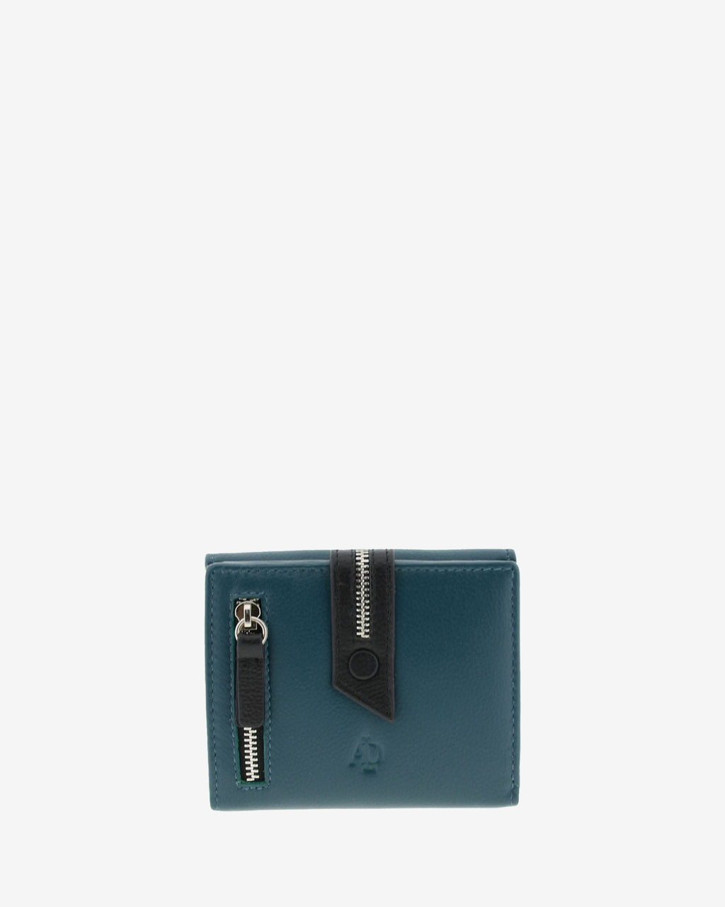 : Cartera pequeña de napa de vacuno color azul con RFID, detalles negros en contraste, cremallera exterior visible y cierre de botón, 4223-14