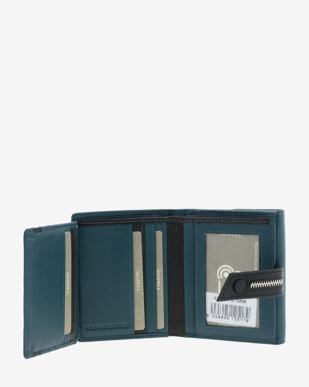 Cartera pequeña de napa de vacuno color azul desplegada con ranuras para tarjetas, compartimentos interiores y ventana para ID, 4223-14