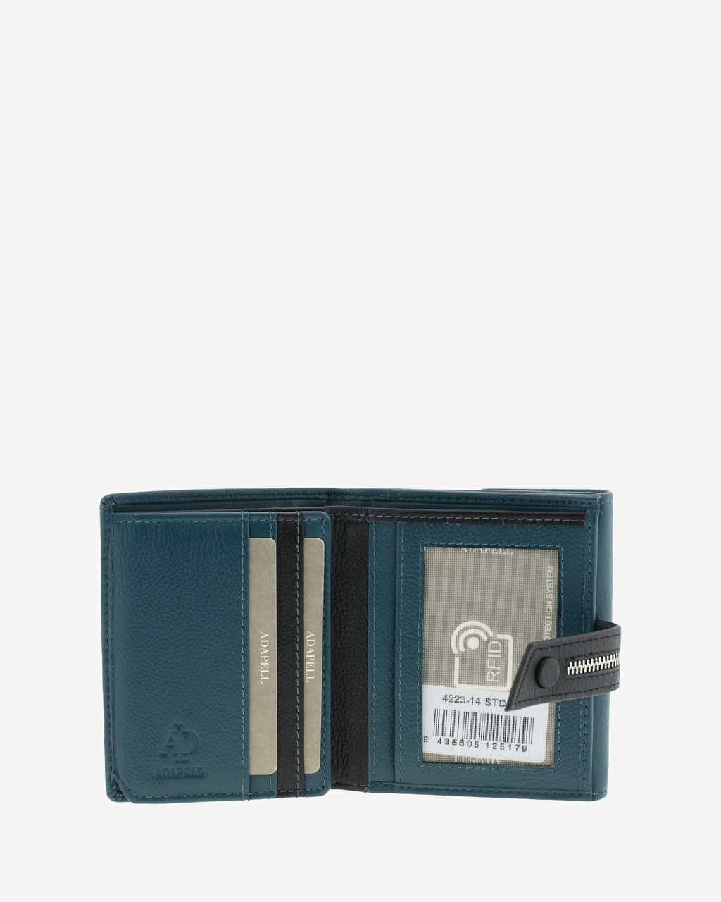 Interior de cartera pequeña de napa de vacuno color azul con ranuras para tarjetas, ventana para ID, espacio para billetes y documentos, 4223-14