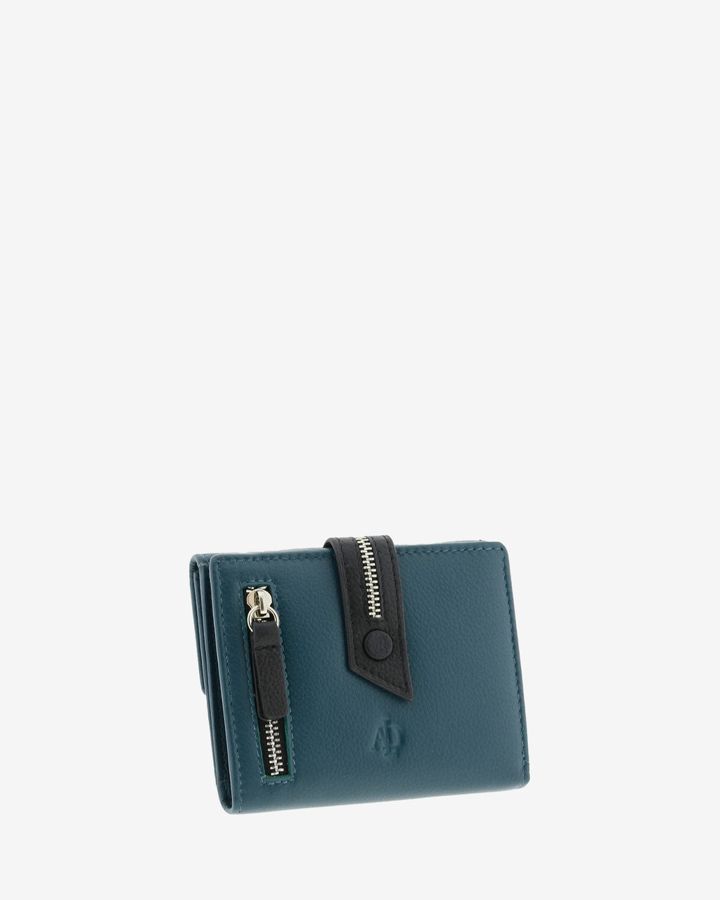 Cartera pequeña de napa de vacuno color azul con detalle negro en contraste, cremalleras visibles y cierre de botón, 4223-14