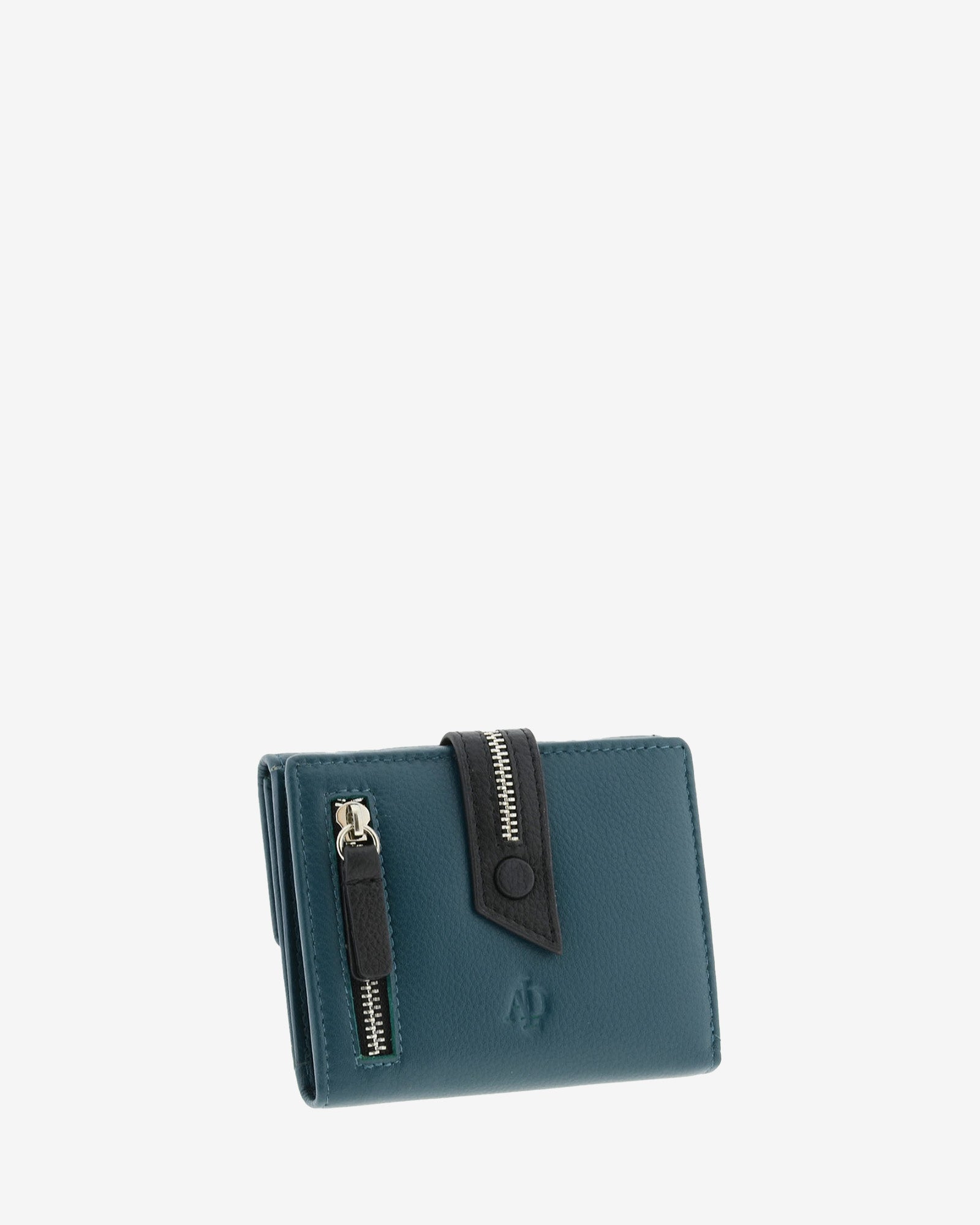 Cartera pequeña de napa de vacuno color azul con detalle negro en contraste, cremalleras visibles y cierre de botón, 4223-14