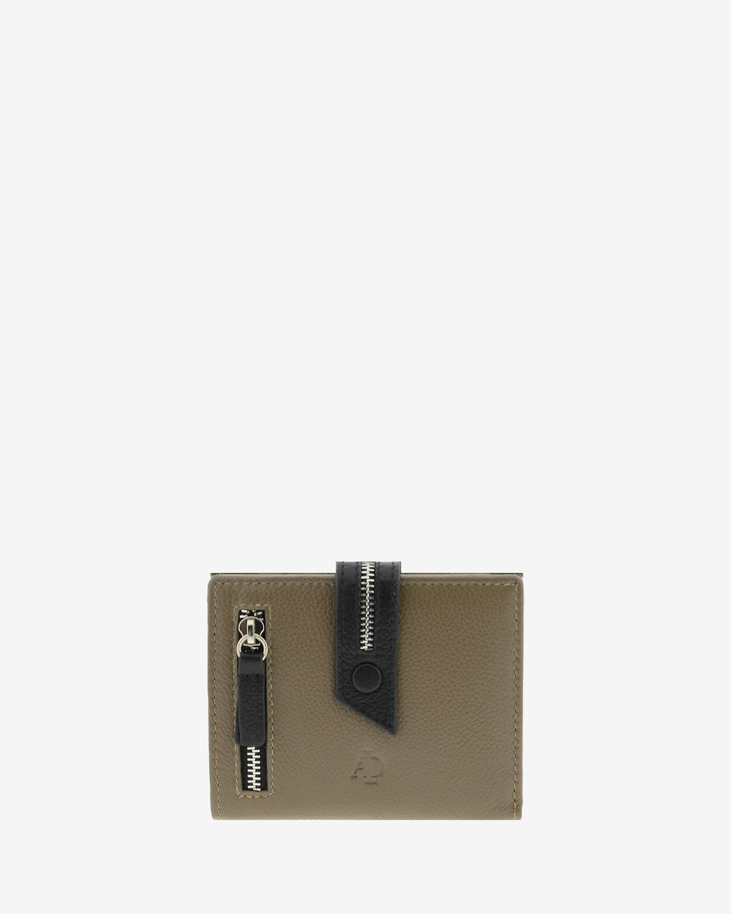 Cartera pequeña de napa de vacuno color topo con RFID, detalles negros en contraste, cremallera exterior visible y cierre de botón, 4223-11