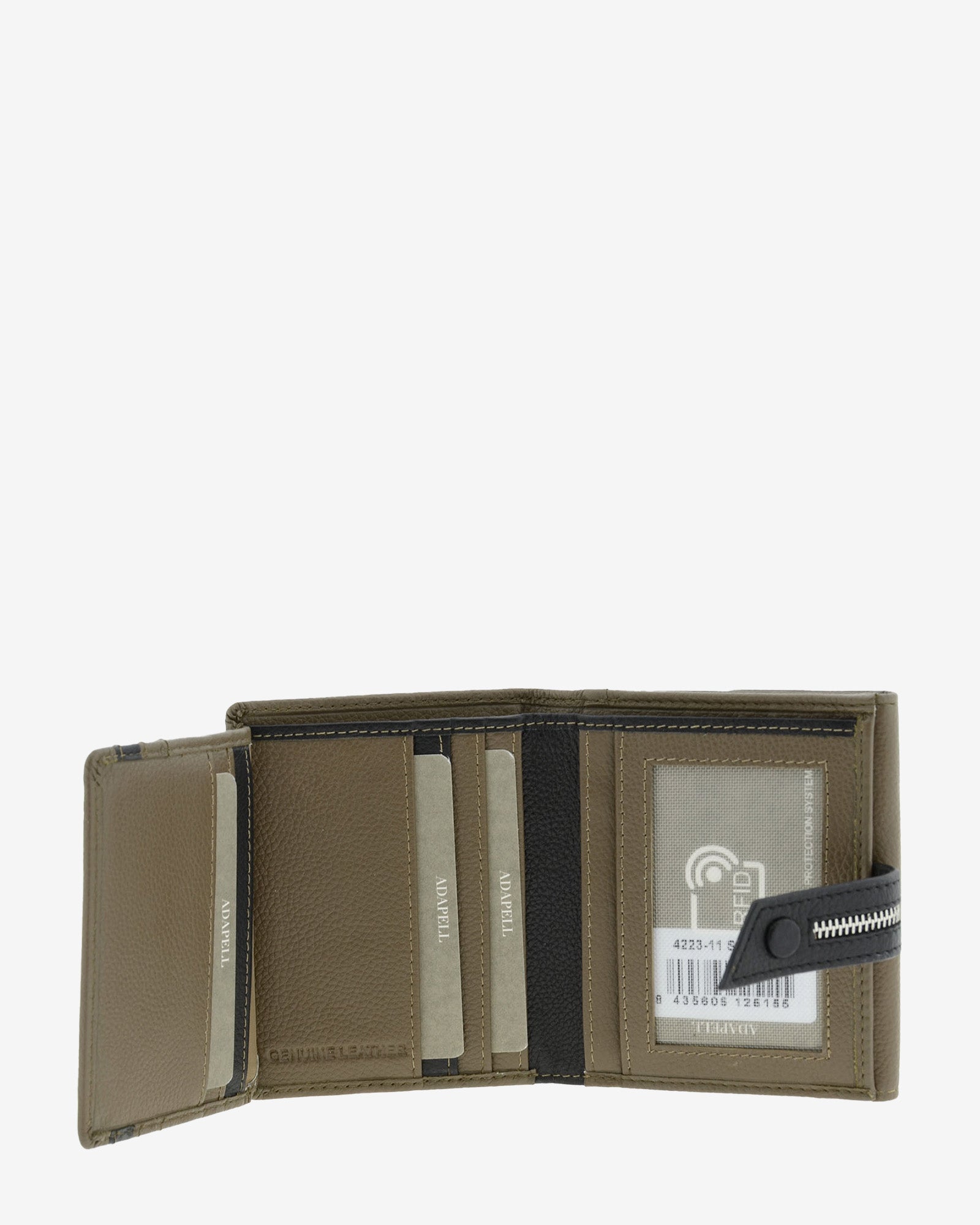 Cartera pequeña de napa de vacuno color topo desplegada con ranuras para tarjetas, compartimentos interiores y ventana para ID, 4223-11