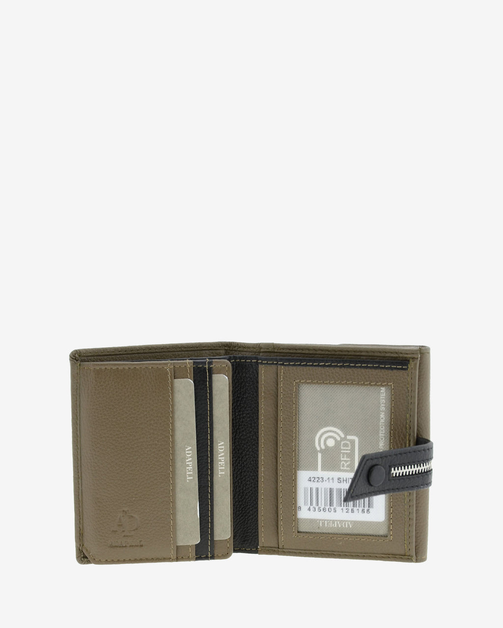 Interior de cartera pequeña de napa de vacuno color topo con ranuras para tarjetas, ventana para ID, espacio para billetes y documentos, 4223-11