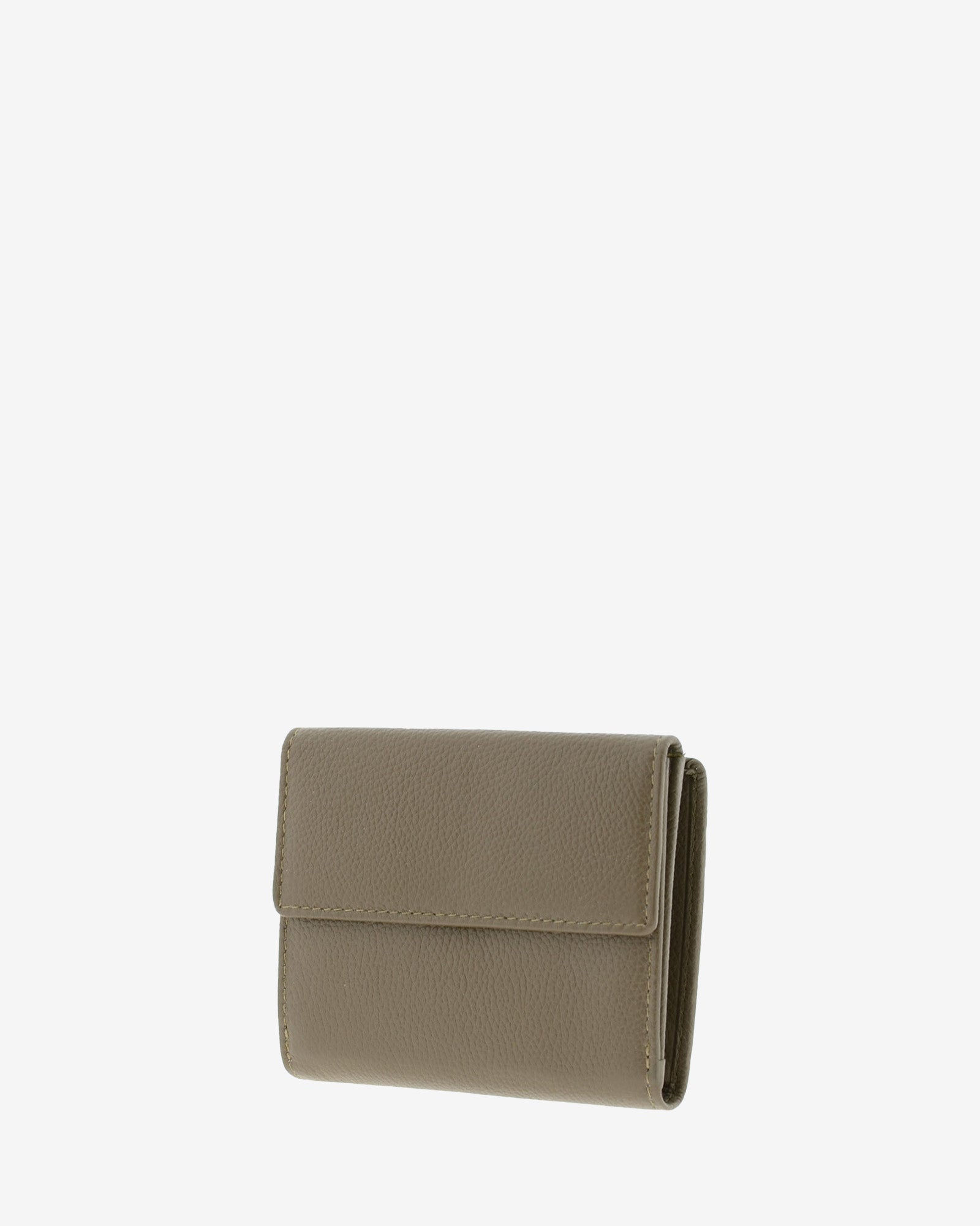 Parte trasera de cartera pequeña de napa de vacuno color topo con solapa exterior y pespunte perimetral, 4223-11