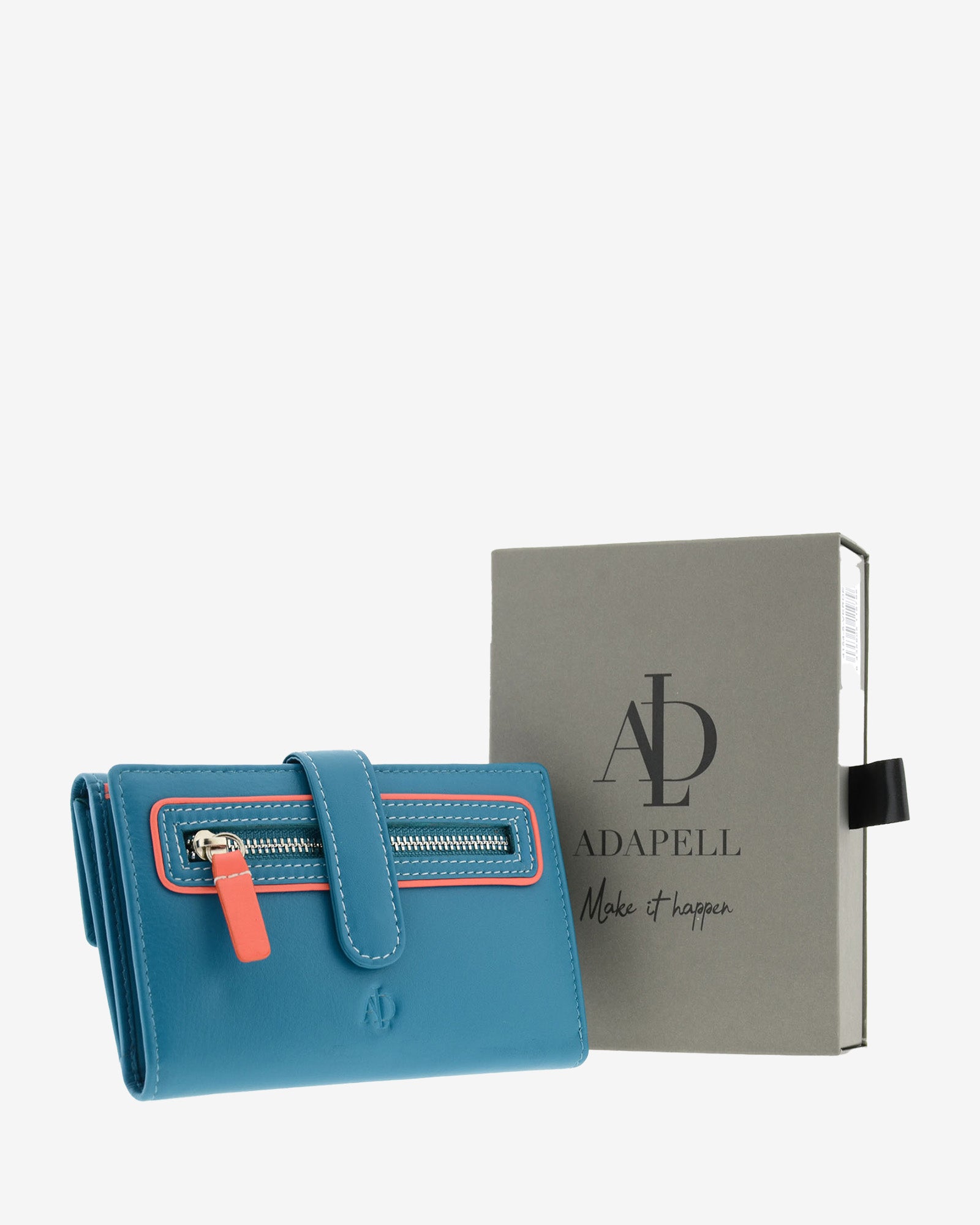 Cartera pequeña de piel azul con RFID presentada junto a caja Adapell, referencia 4201-14