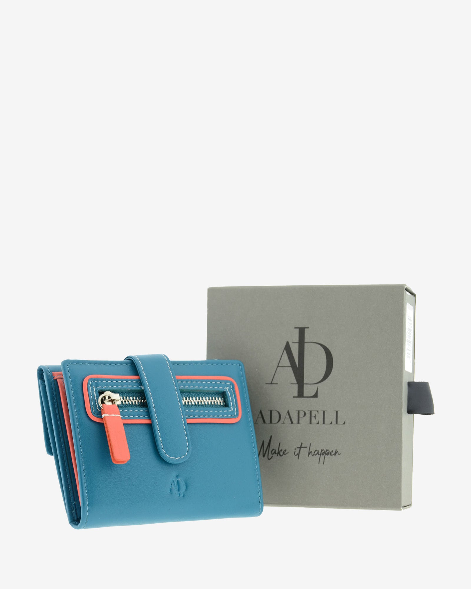 Cartera pequeña de piel azul con RFID presentada junto a caja Adapell, referencia 4202-14