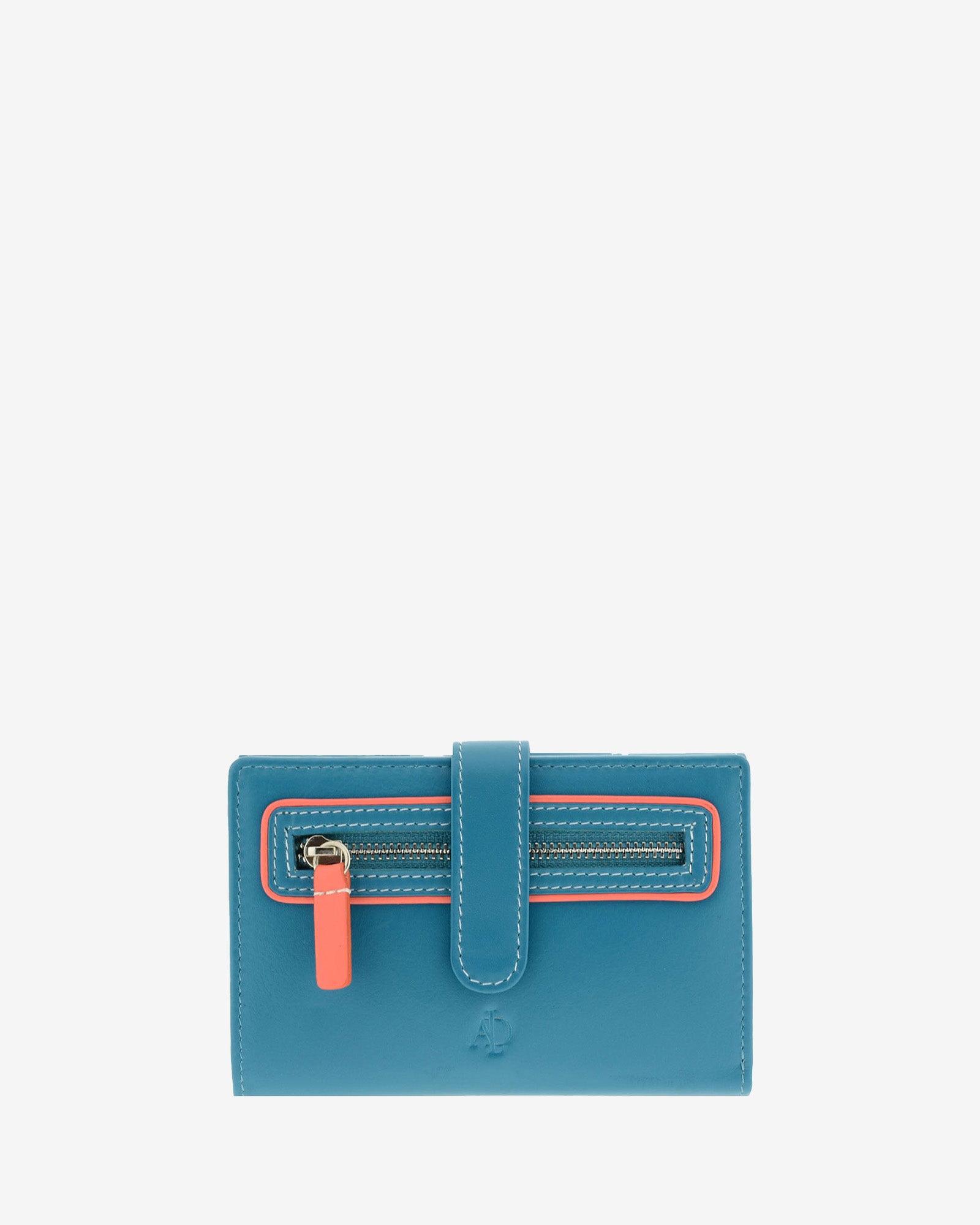 Cartera pequeña Adapell de piel azul con RFID, bolsillo frontal con cremallera y tirador coral, referencia 4201-14