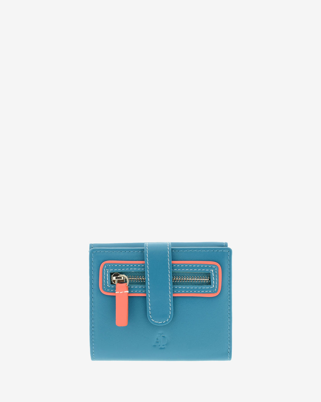 Cartera pequeña Adapell de piel azul con RFID, bolsillo frontal con cremallera y tirador coral, referencia 4202-14