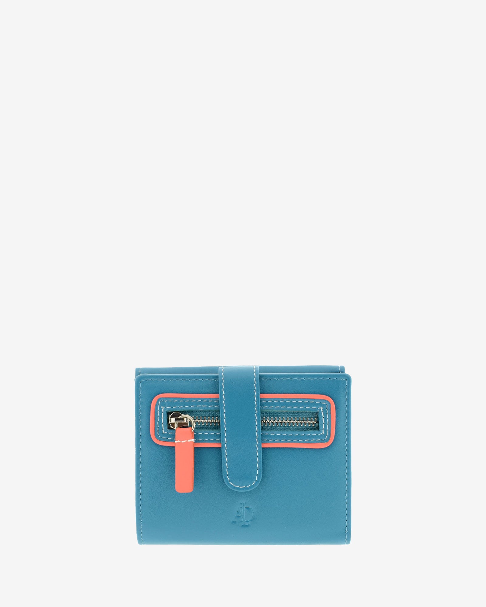 Cartera pequeña Adapell de piel azul con RFID, bolsillo frontal con cremallera y tirador coral, referencia 4202-14