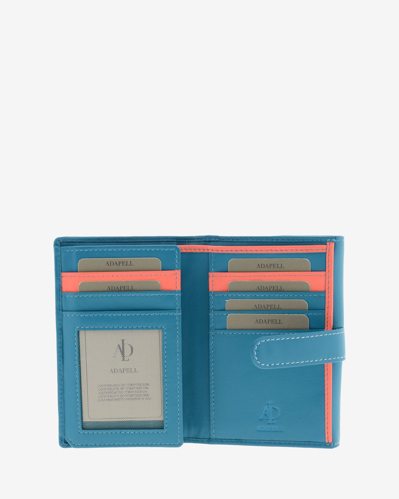 Cartera pequeña de piel azul con RFID abierta, ranuras para tarjetas con ribetes coral y visor ID, referencia 4201-14