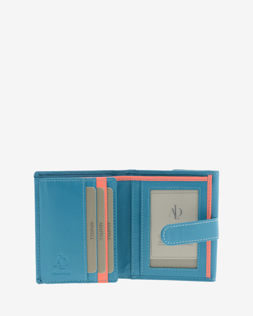 Cartera pequeña de piel azul con RFID abierta, ranuras para tarjetas, visor ID, referencia 4202-14