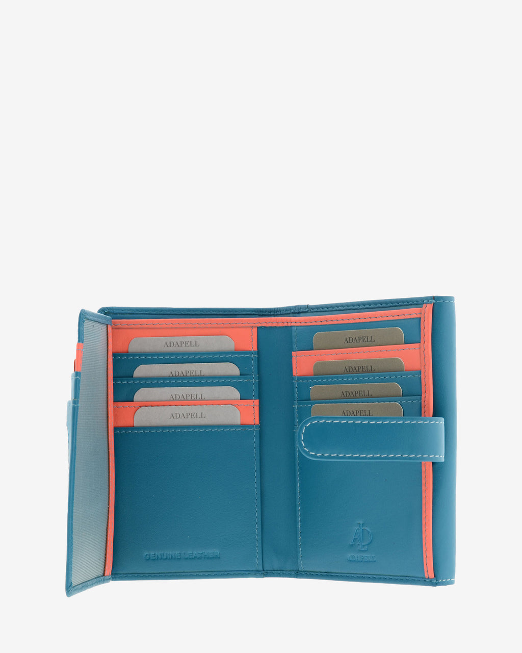 Cartera pequeña de piel azul con RFID abierta, interior con múltiples ranuras para tarjetas, referencia 4201-14