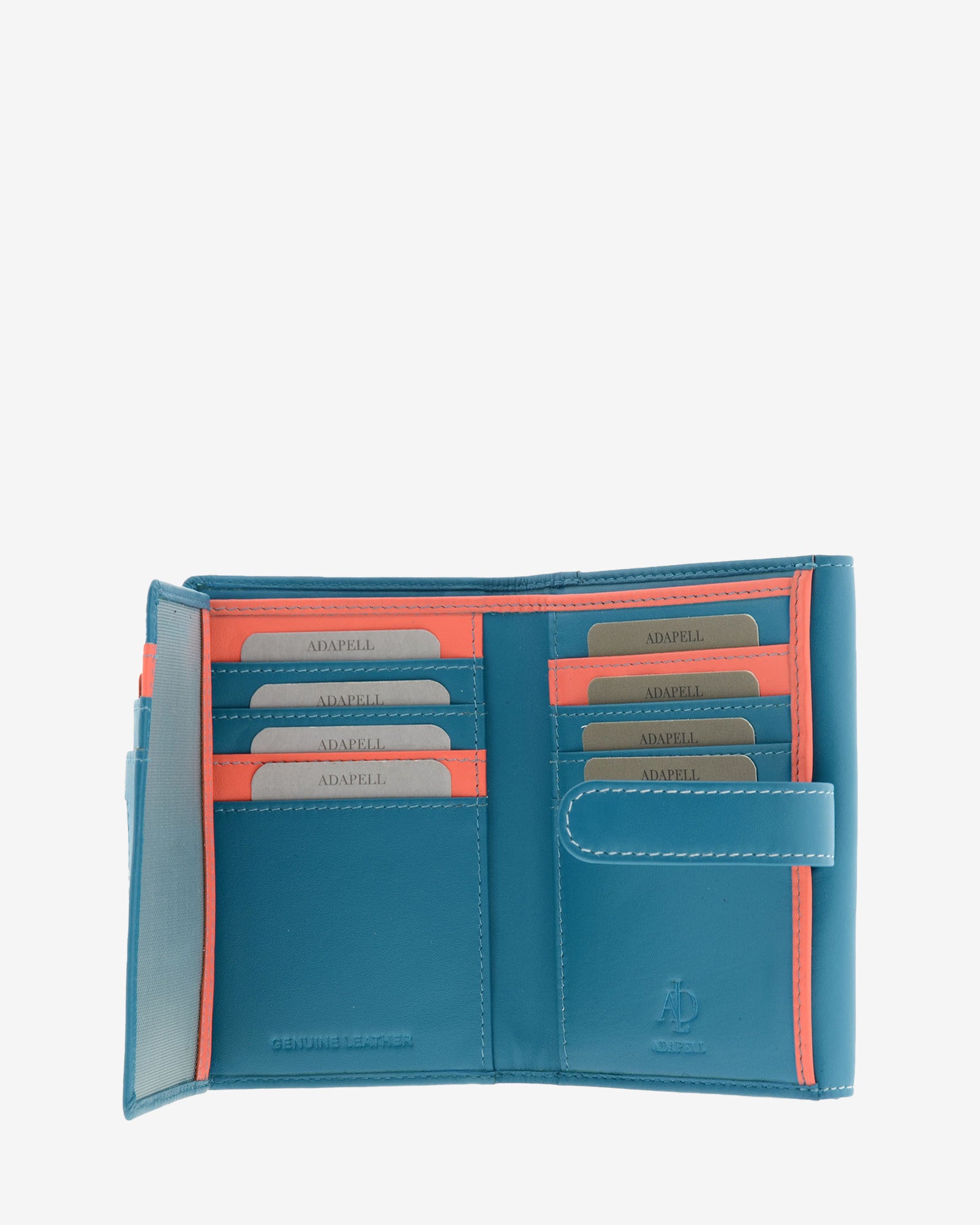 Cartera pequeña de piel azul con RFID abierta, interior con múltiples ranuras para tarjetas, referencia 4201-14