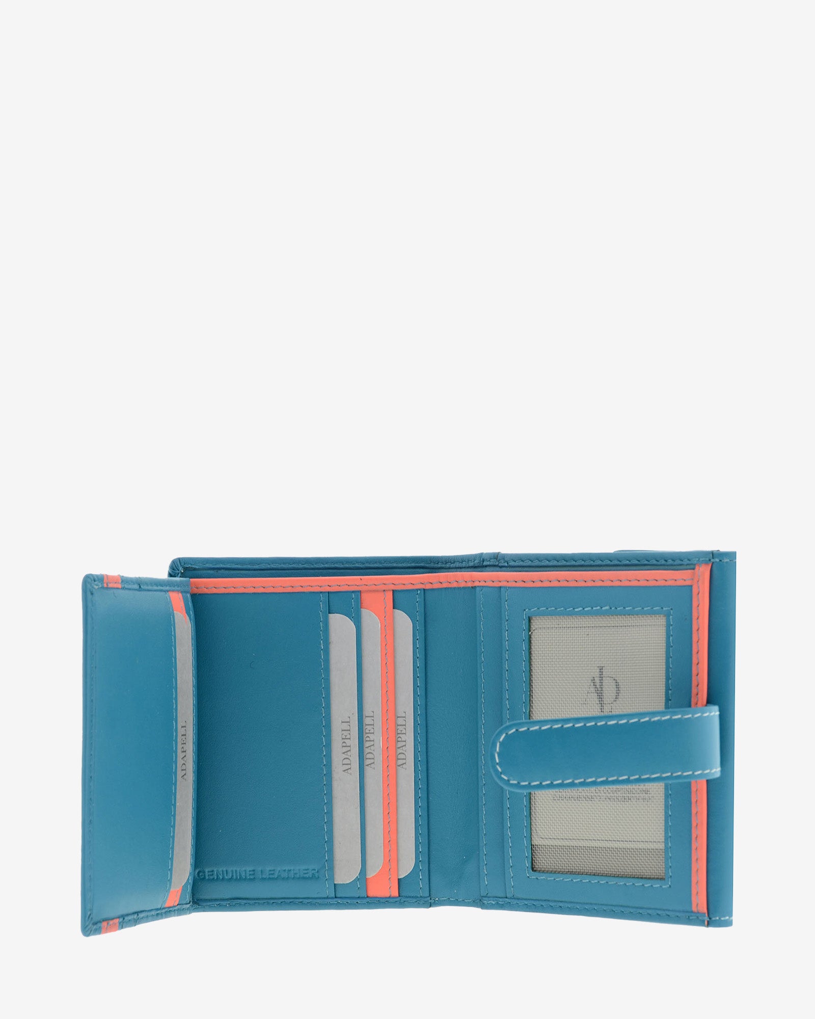 Cartera pequeña de piel azul con RFID abierta, interior con ranuras para tarjetas y visor ID, referencia 4202-14
