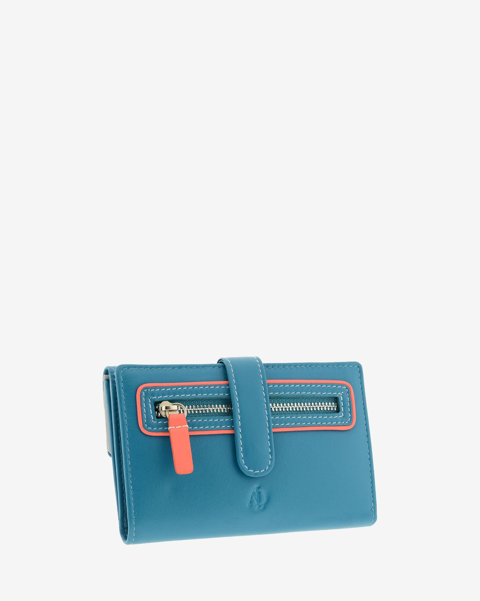 Cartera pequeña de piel azul con RFID, bolsillo exterior con cremallera, cierre central y ribete coral, referencia 4201-14