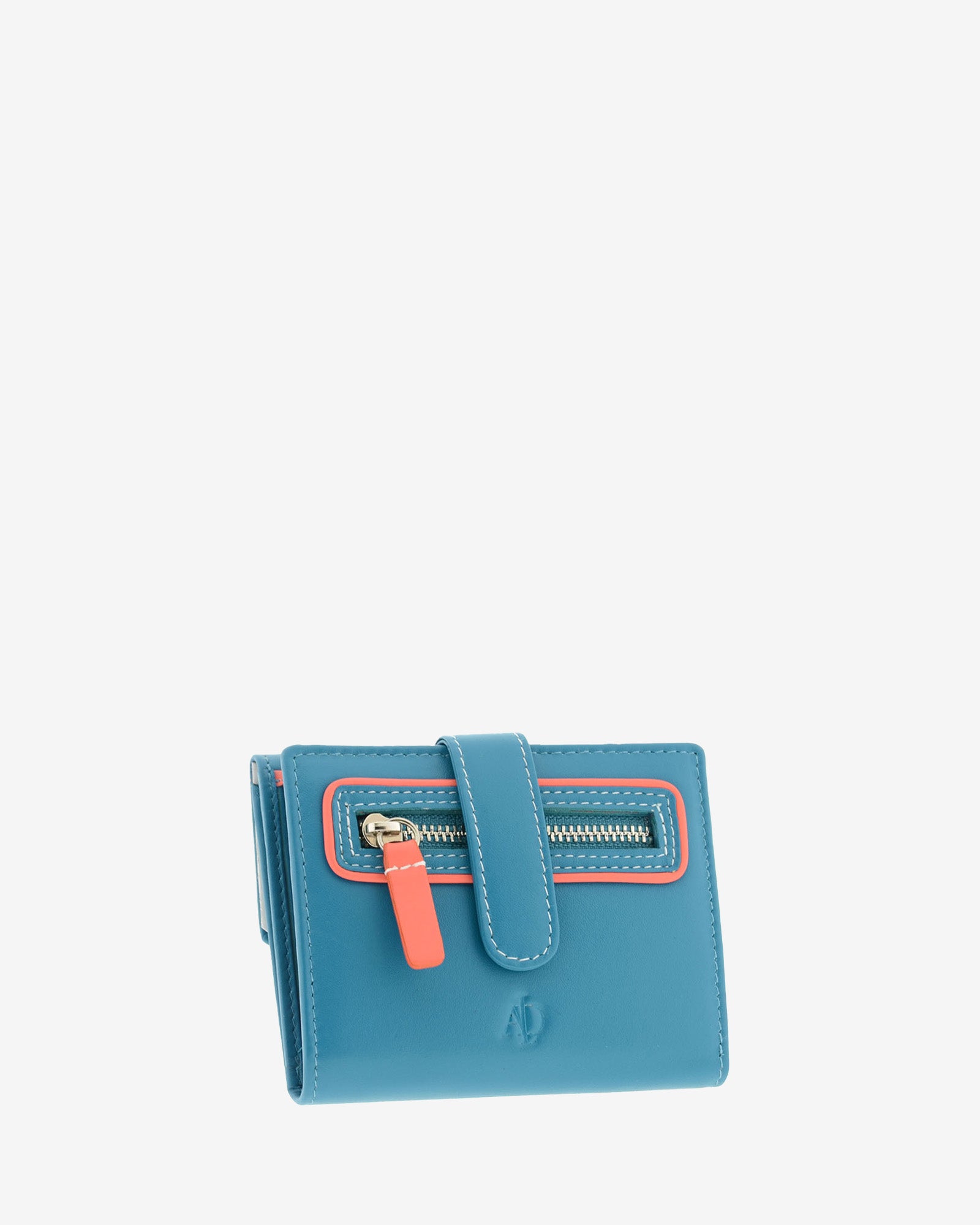 Cartera pequeña de piel azul con RFID, bolsillo exterior con cremallera, cierre central y ribete coral, referencia 4202-14