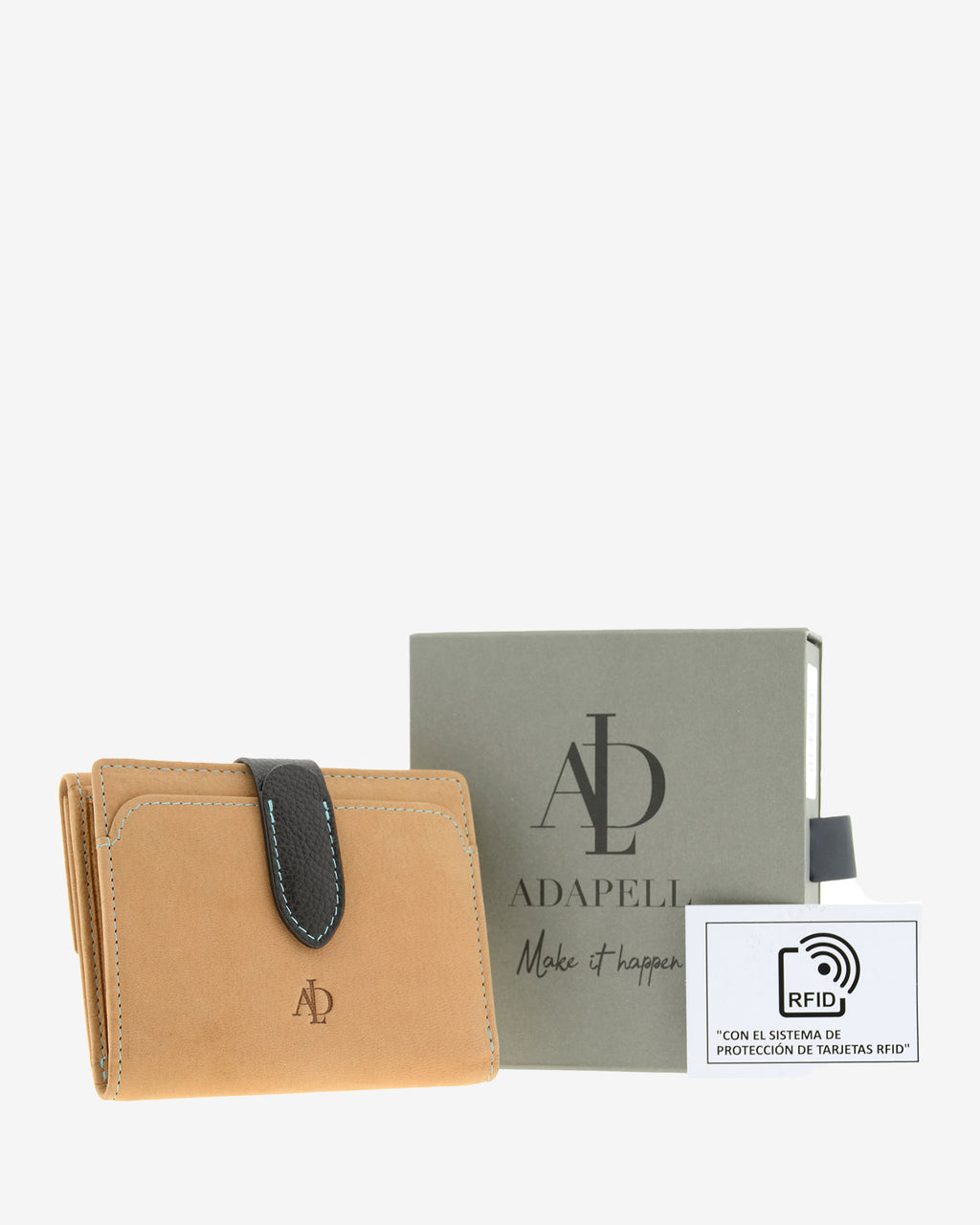 Cartera pequeña de piel color cuero con RFID presentada junto a caja Adapell y tarjeta de protección RFID, 4198-6