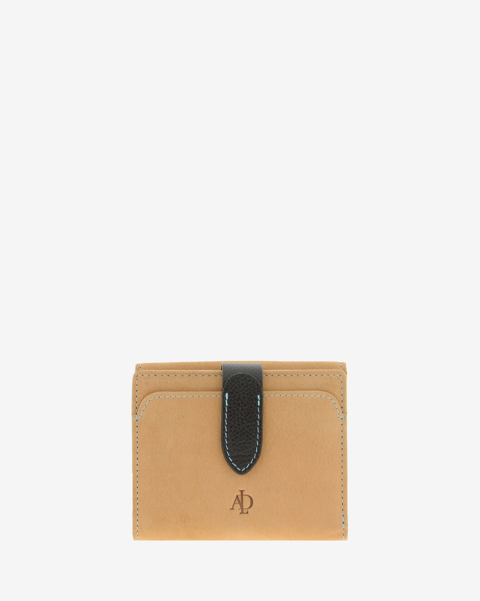 Cartera pequeña de piel color cuero con RFID, bolsillo exterior, pieza negra en contraste y pespunte azul, 4198-6