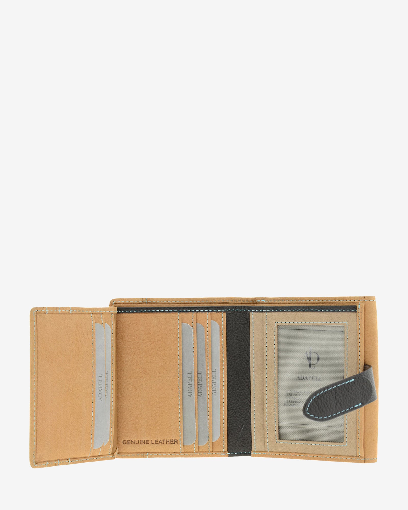 Interior abierto de cartera pequeña de piel color cuero con ranuras para tarjetas, espacio para ID y compartimentos para billetes y documentos, 4198-6