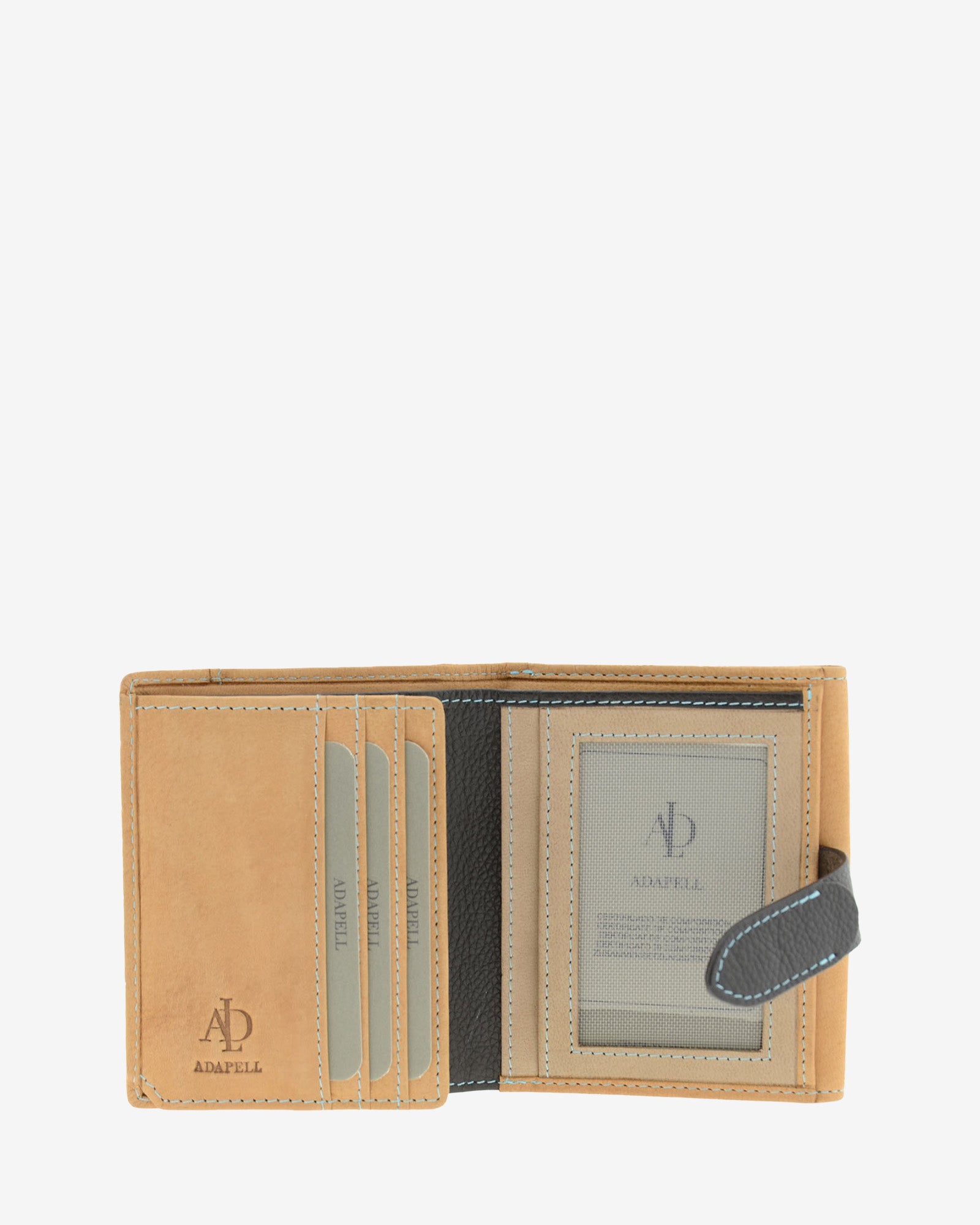 Interior  de cartera pequeña de piel color cuero con ranuras para tarjetas y espacio para ID, 4198-6