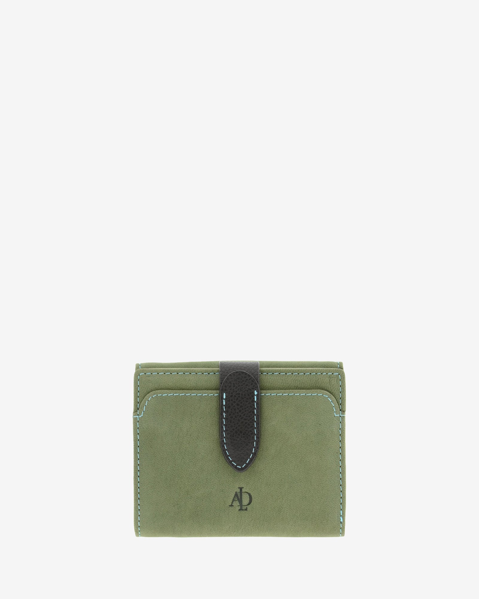 Cartera pequeña de piel color verde con RFID, bolsillo exterior, vista frontal, pieza negra en contraste y pespunte azul, 4198