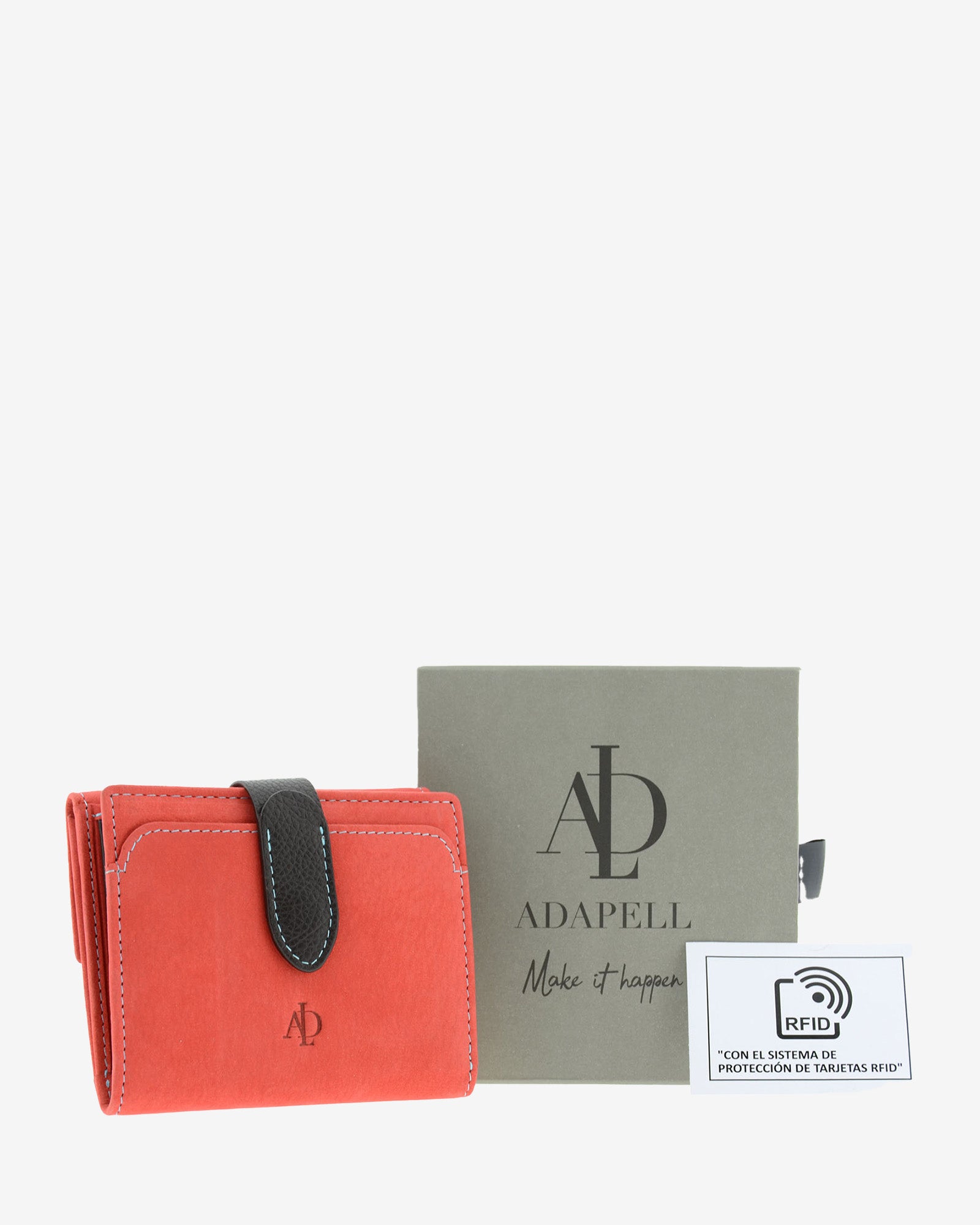 Cartera pequeña de piel color rojo con RFID presentada junto a caja Adapell y tarjeta de protección RFID, 4198