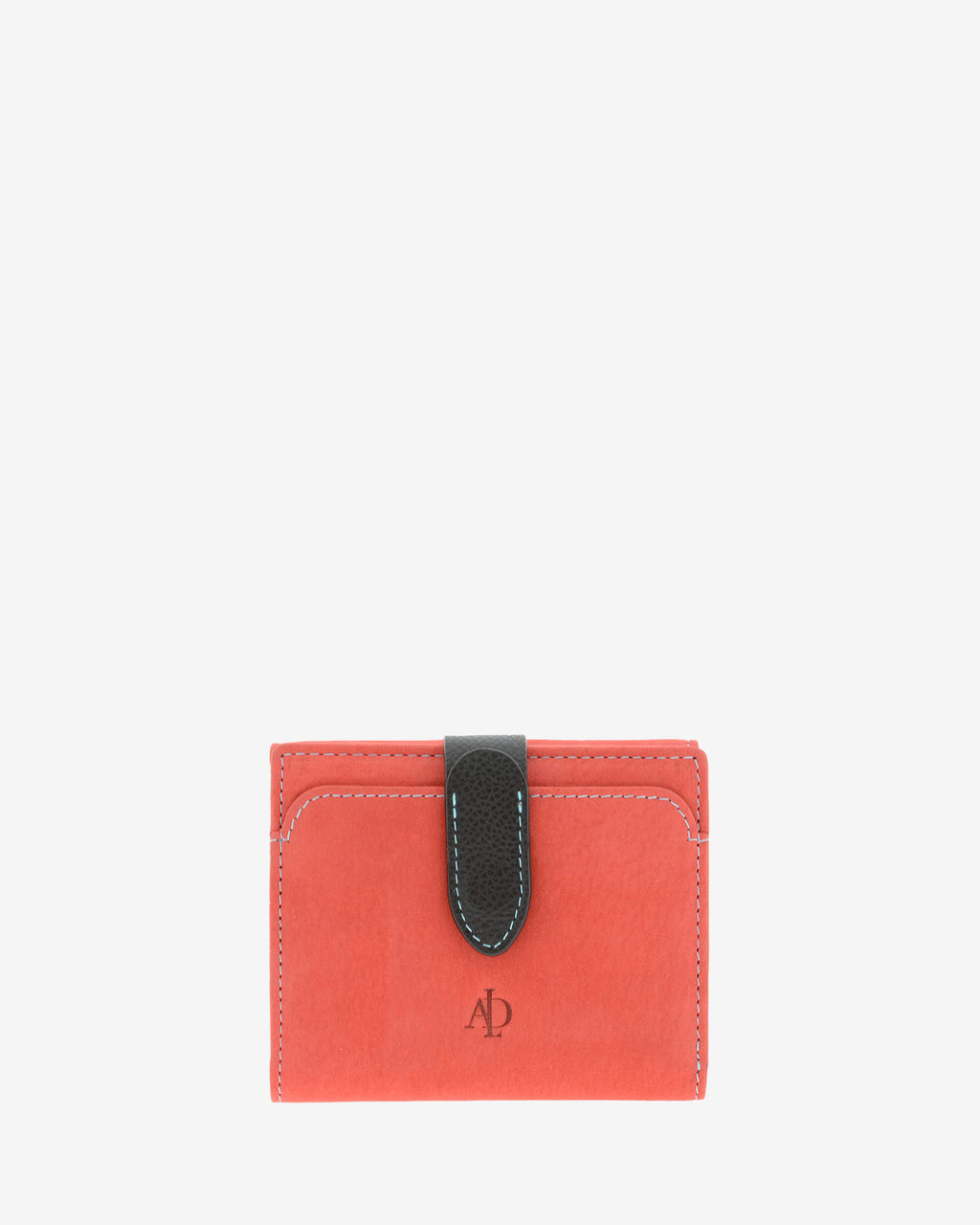 Cartera pequeña de piel color rojo con RFID, bolsillo exterior, pieza negra en contraste y pespunte azul, 4198