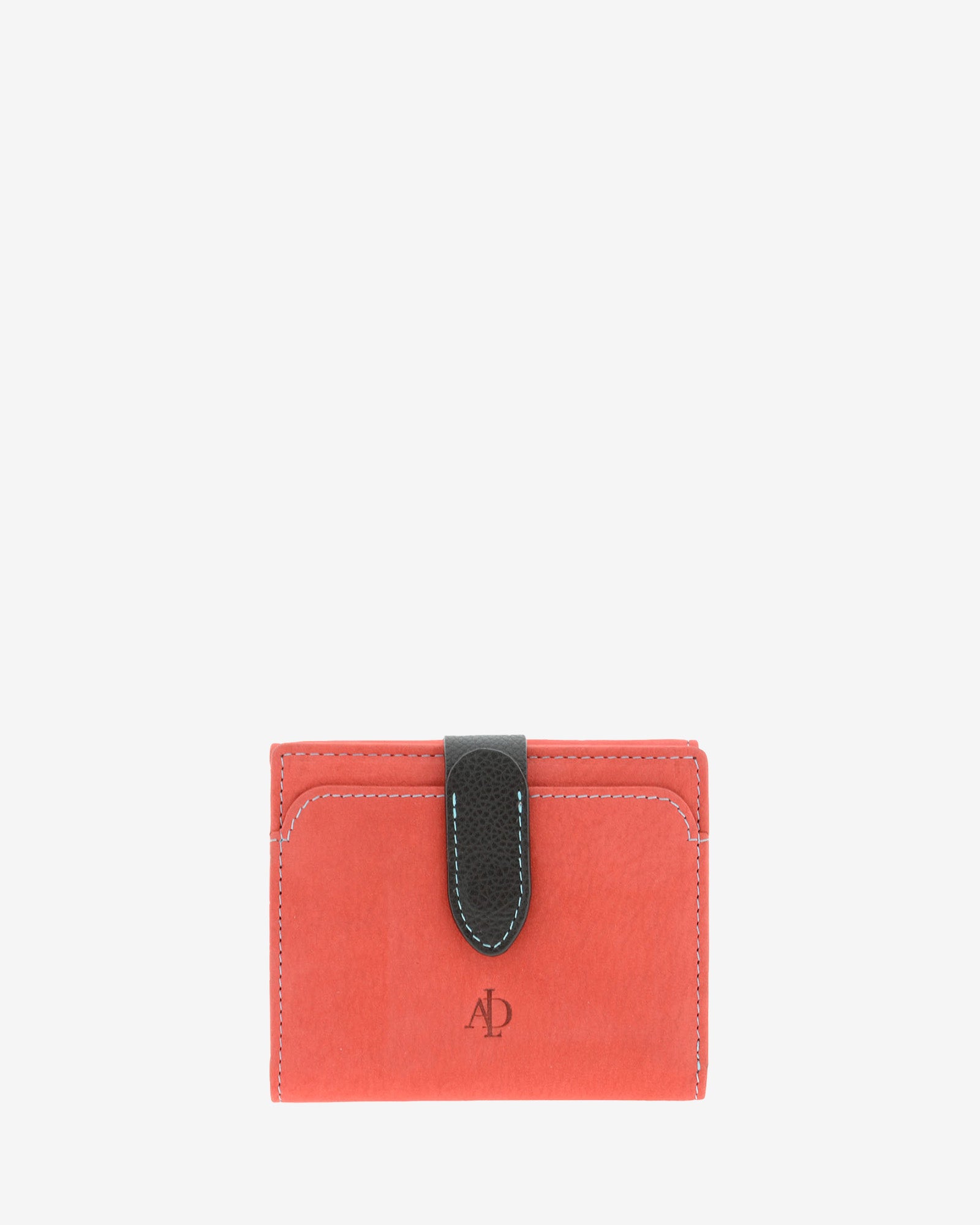 Cartera pequeña de piel color rojo con RFID, bolsillo exterior, pieza negra en contraste y pespunte azul, 4198