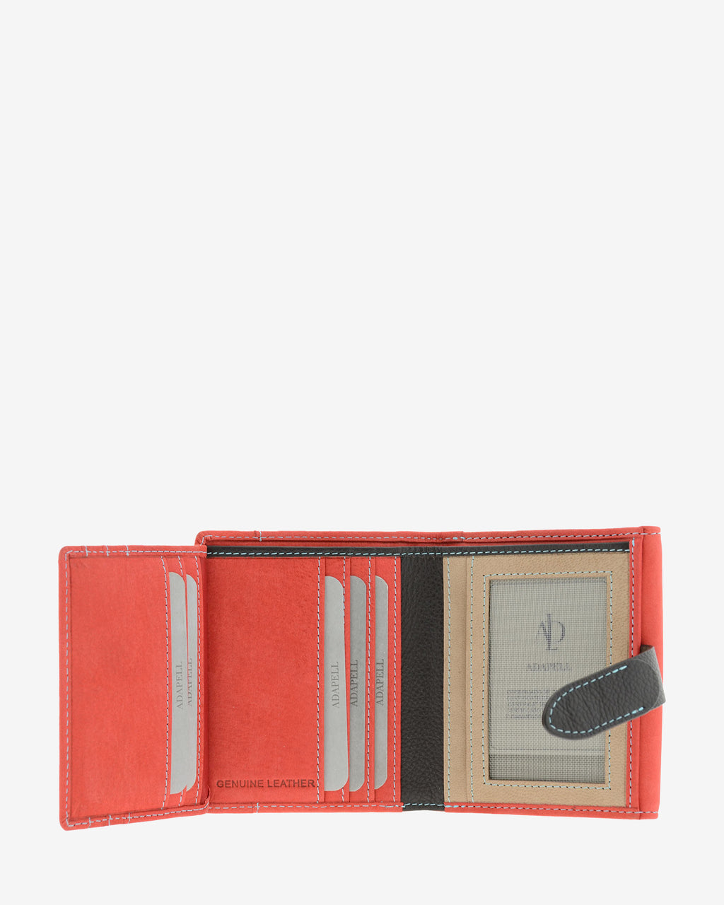 Interior abierto de cartera pequeña de piel color rojo con ranuras para tarjetas, espacio para ID y compartimentos para billetes y documentos, 4198