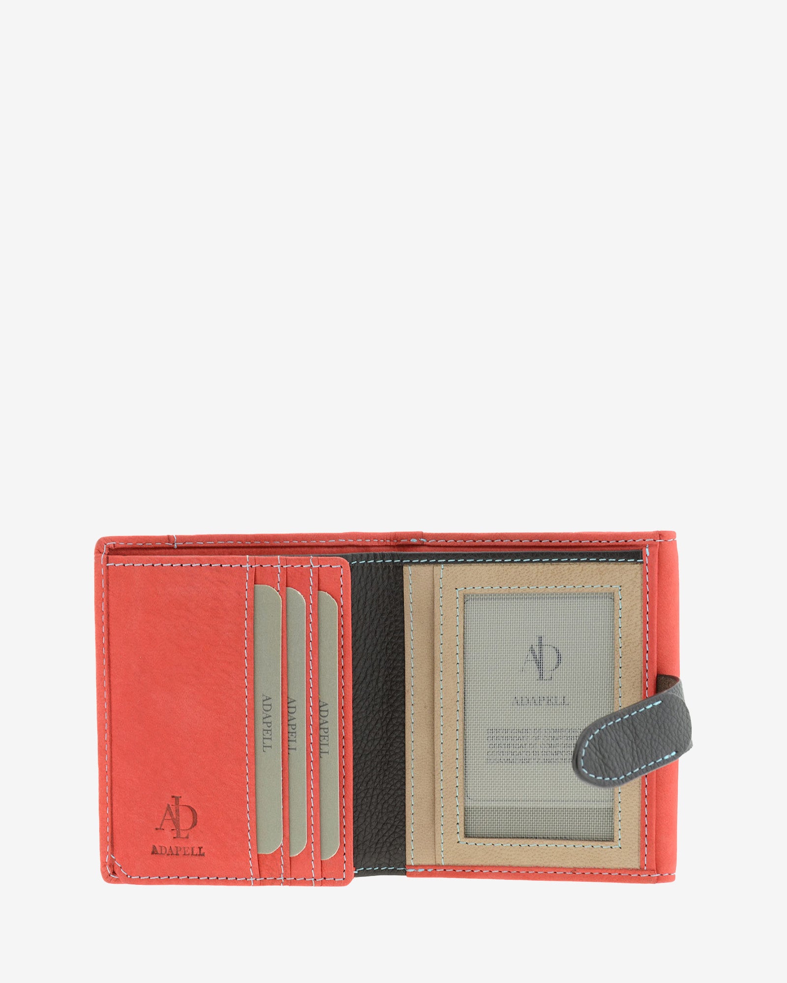 Interior  de cartera pequeña de piel color rojo con ranuras para tarjetas y espacio para ID, 4198
