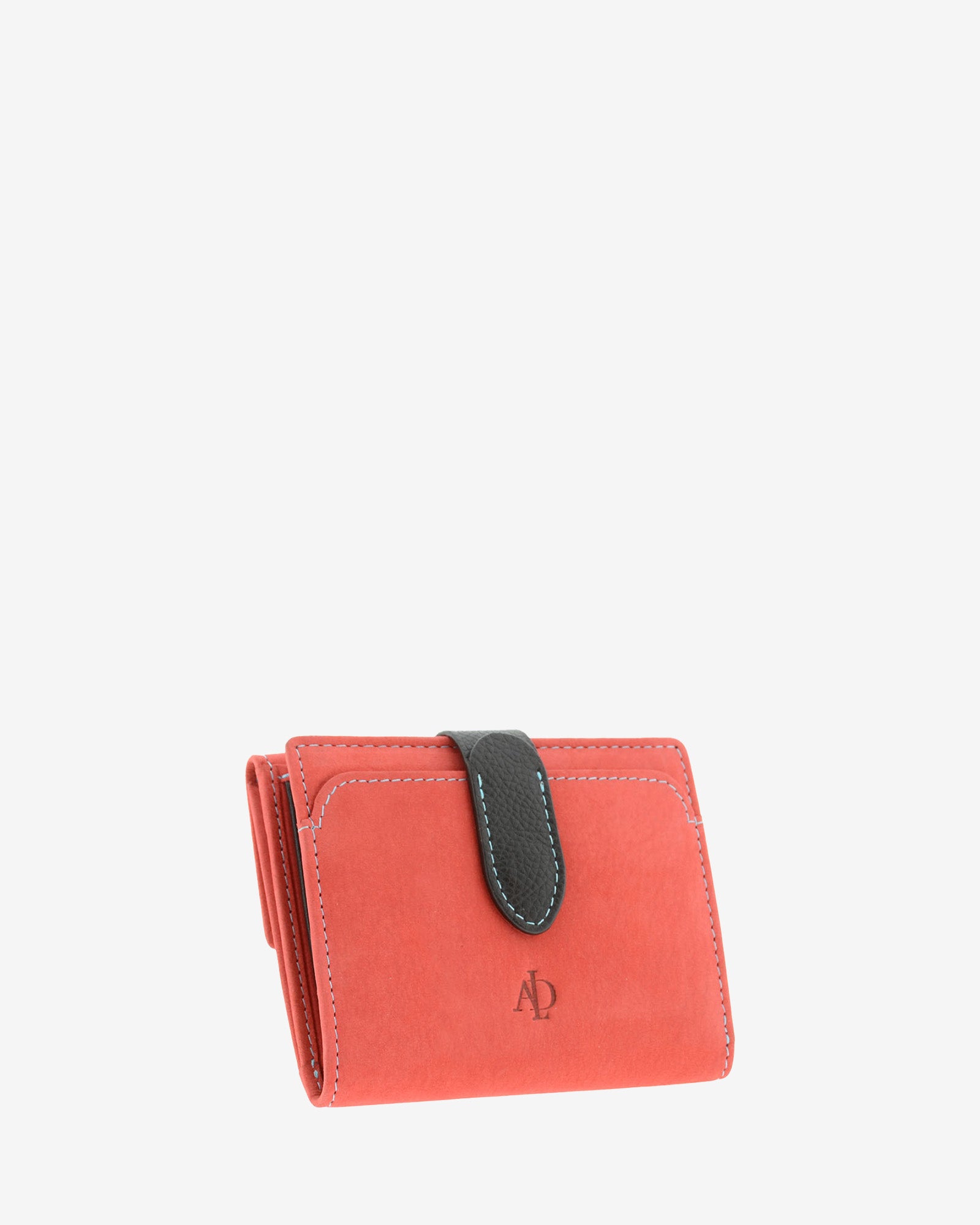 Cartera pequeña de piel color rojo con cierre de botón, bolsillo exterior y estructura plegada, 4198