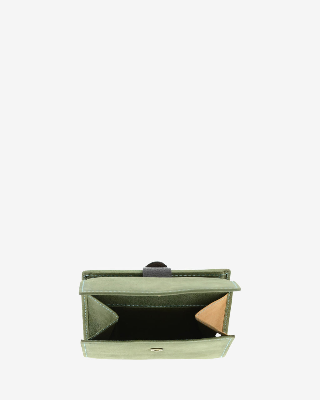 Bolsillo exterior abierto para monedas en cartera pequeña de piel color verde, 4198