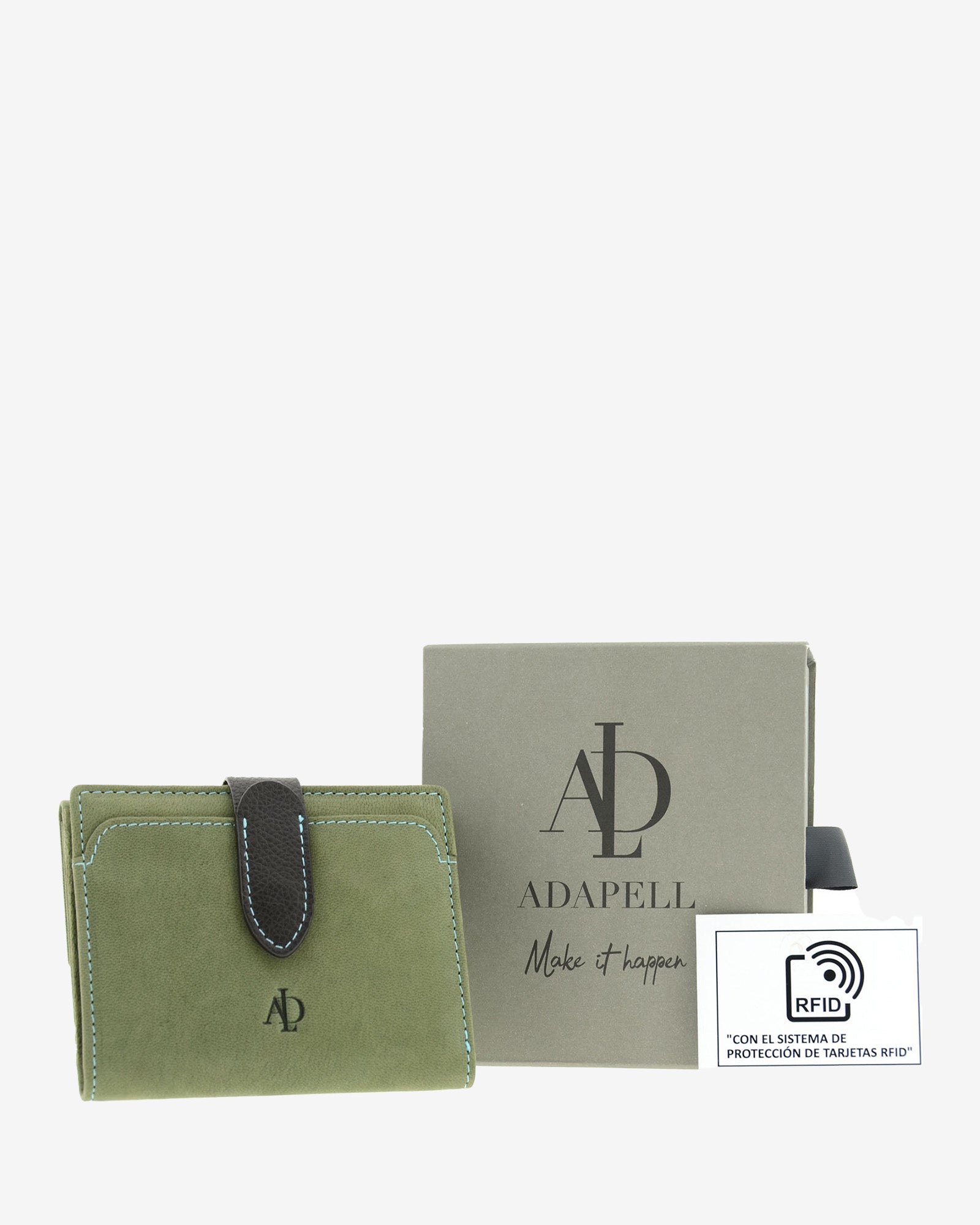 Cartera pequeña de piel color verde con RFID presentada junto a caja Adapell y tarjeta de protección RFID, 4198
