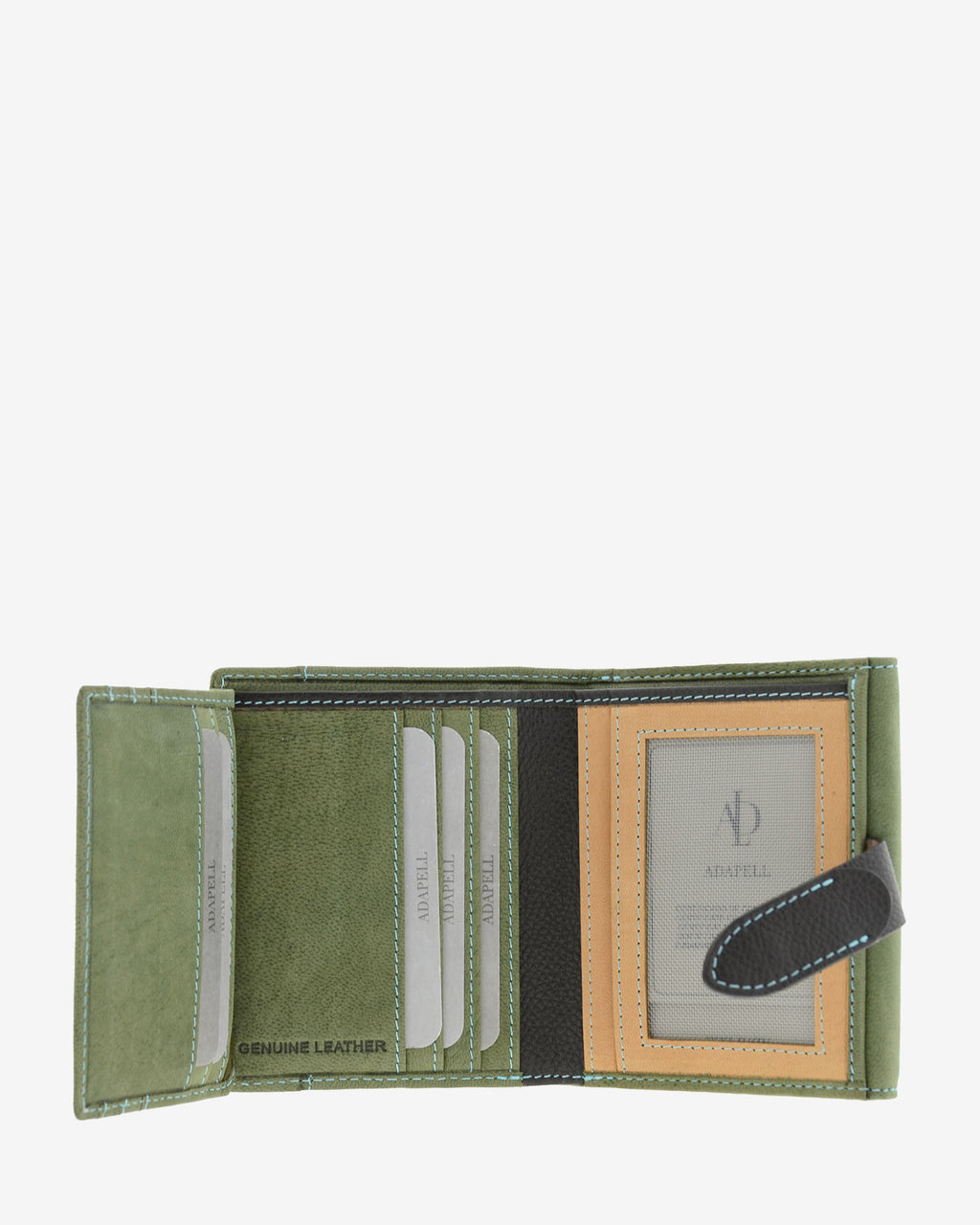 Interior abierto de cartera pequeña de piel color verde con ranuras para tarjetas, espacio para ID y compartimentos para billetes y documentos, 4198