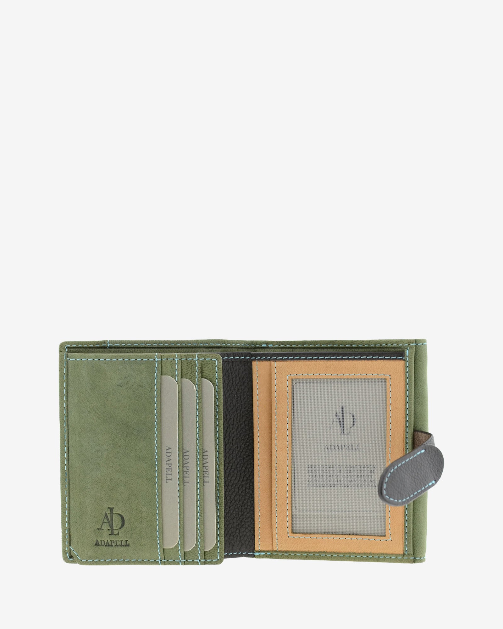 Interior parcial de cartera pequeña de piel color verde con ranuras para tarjetas y espacio para ID, 4198