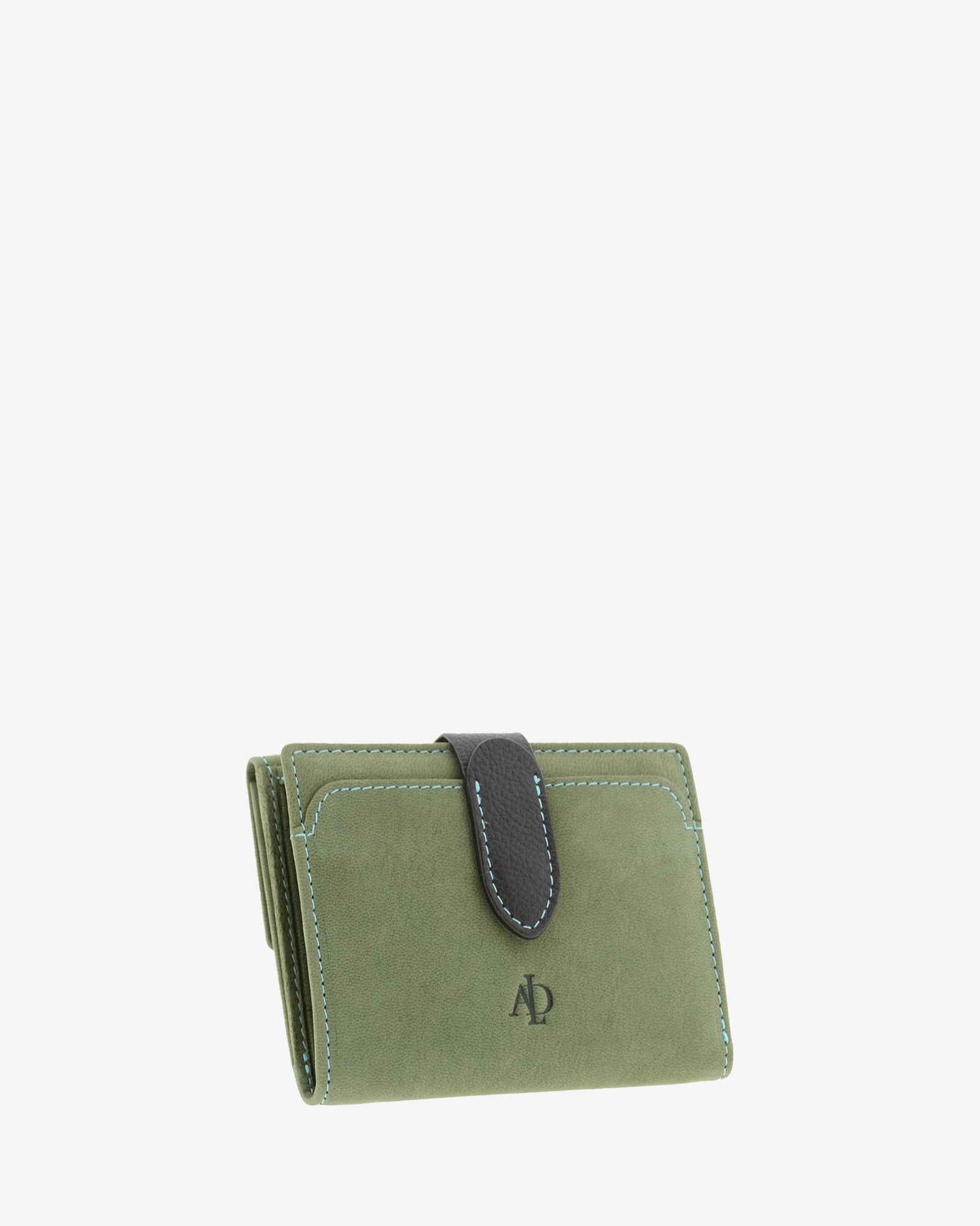 Cartera pequeña de piel color verde con cierre de botón, bolsillo exterior y estructura plegada, 4198