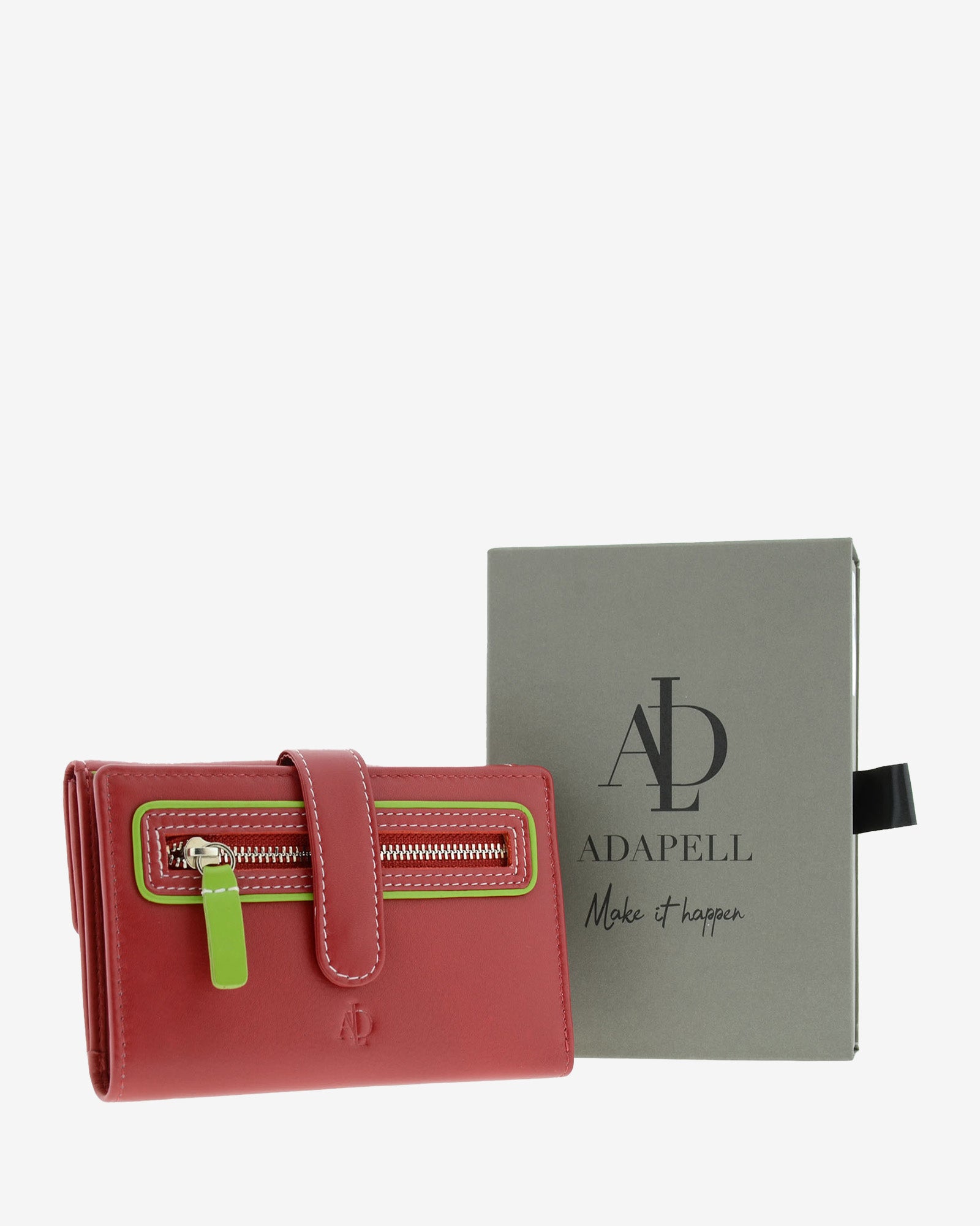 Cartera pequeña de piel roja con RFID presentada junto a caja Adapell, referencia 4201-3