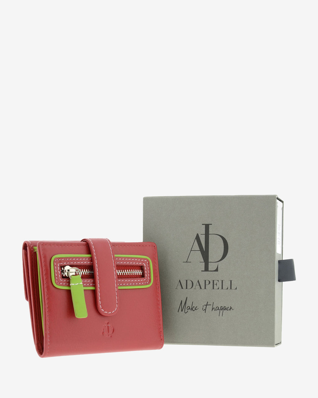 Cartera pequeña de piel roja con RFID presentada junto a caja Adapell, referencia 4202-3