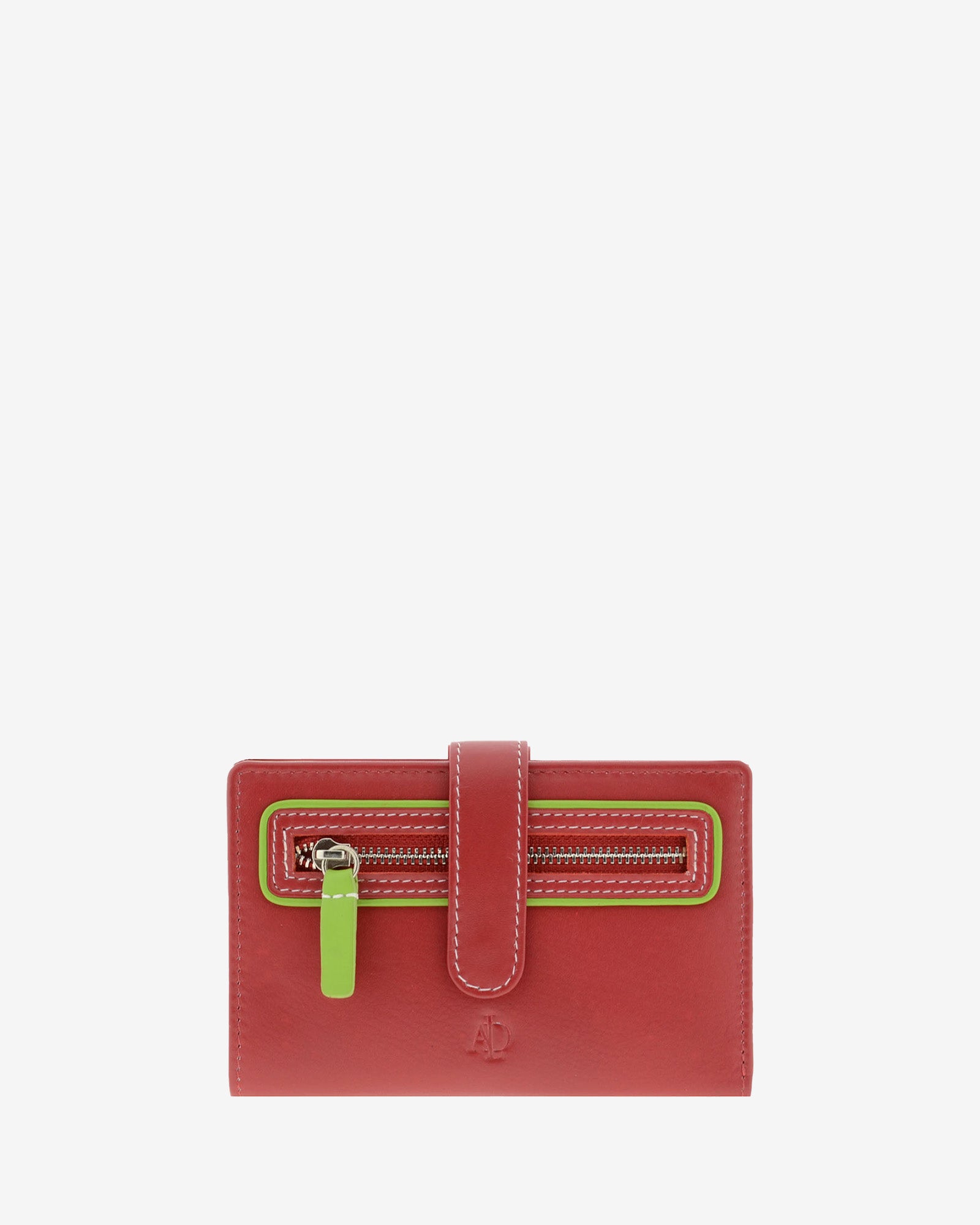 Cartera pequeña Adapell de piel roja con RFID, bolsillo frontal con cremallera y tirador verde lima, referencia 4201-3