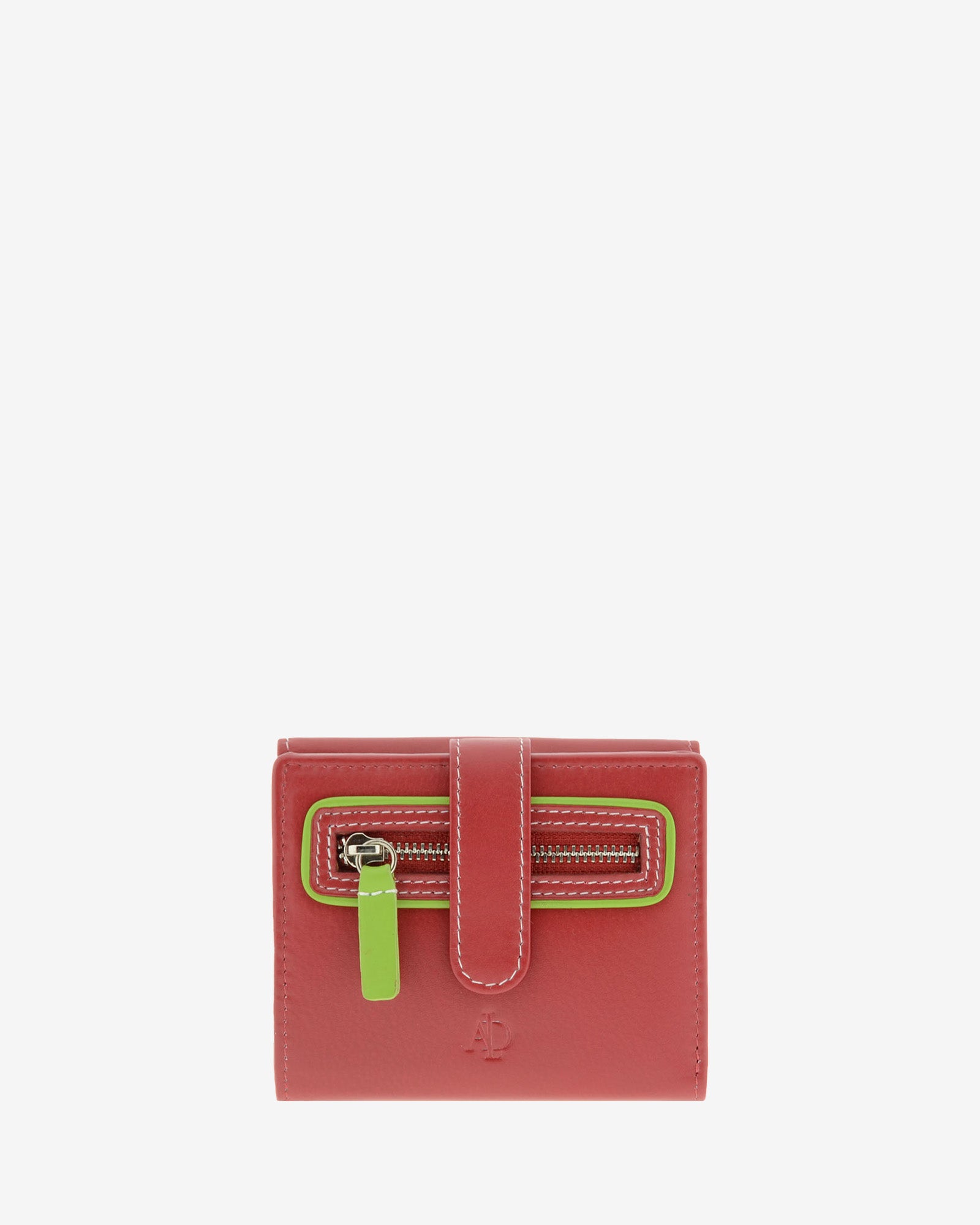 Cartera pequeña Adapell de piel roja con RFID, bolsillo frontal con cremallera y tirador verde lima, referencia 4202-3