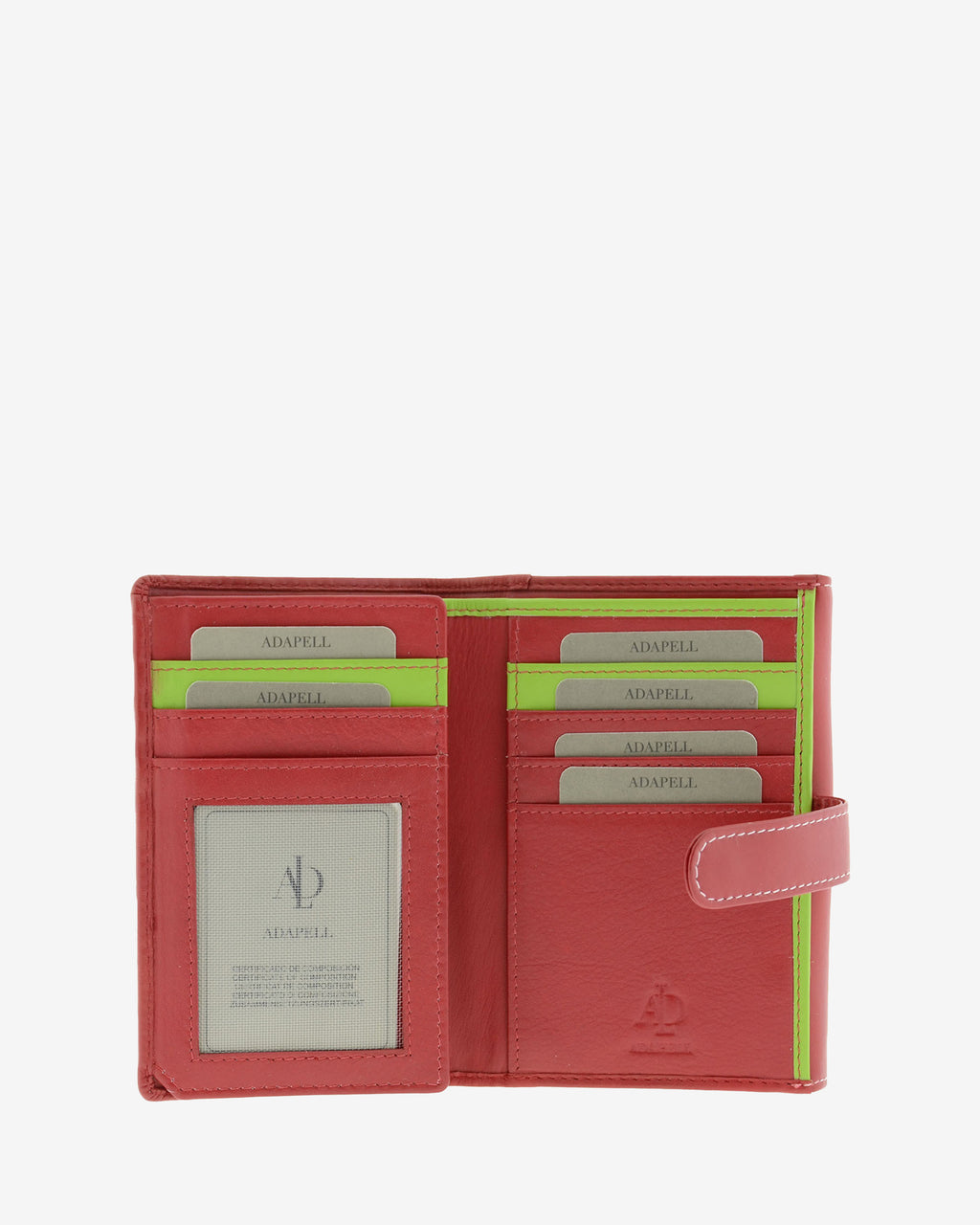 Cartera pequeña de piel roja con RFID abierta, ranuras para tarjetas con ribetes verde lima y visor ID, referencia 4201-3