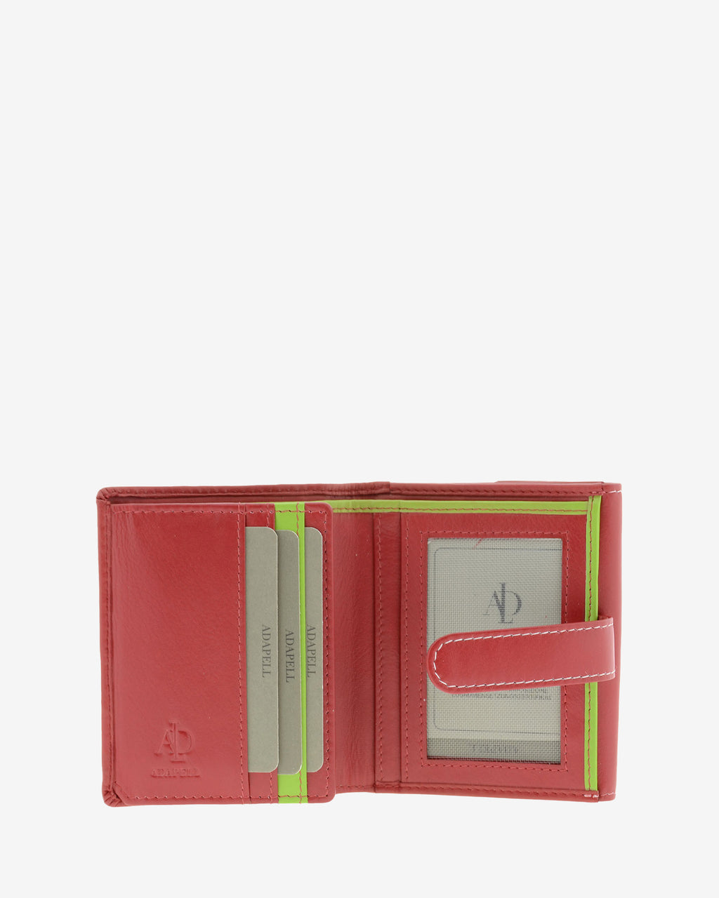 Cartera pequeña de piel roja con RFID abierta, ranuras para tarjetas, visor ID y ribetes verde lima, referencia 4202-3