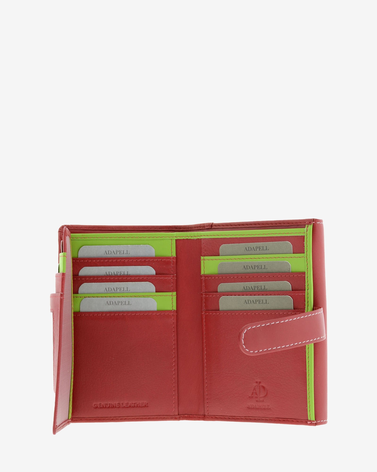 Cartera pequeña de piel roja con RFID abierta, interior con múltiples ranuras para tarjetas, referencia 4201-3