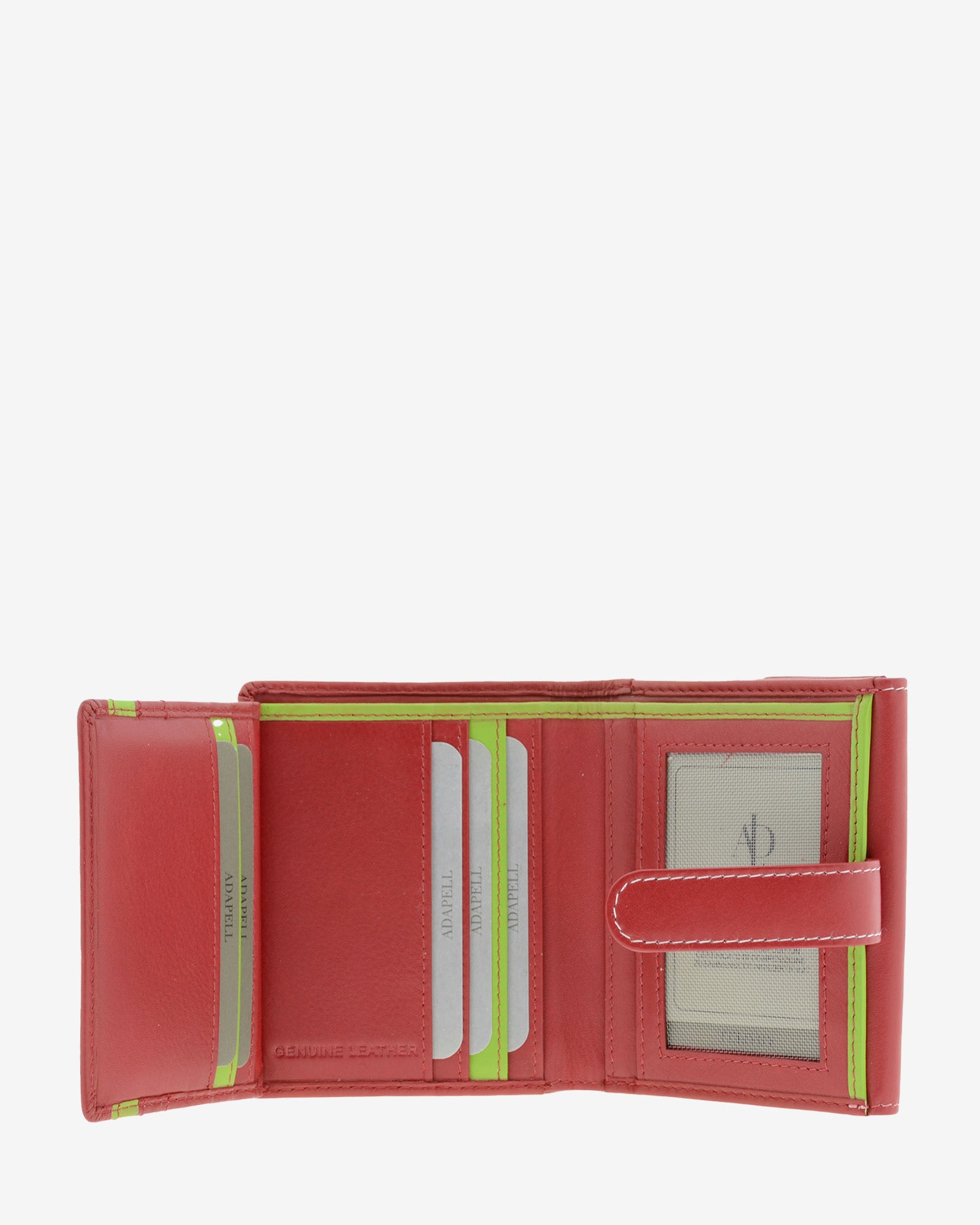 Cartera pequeña de piel roja con RFID abierta, interior con 9 ranuras para tarjetas y visor ID, referencia 4202-3