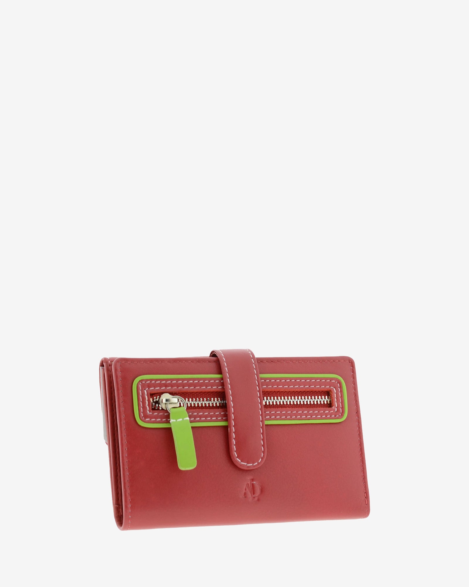 Cartera pequeña de piel roja con RFID, bolsillo exterior con cremallera, cierre central y ribete verde lima, referencia 4201-3