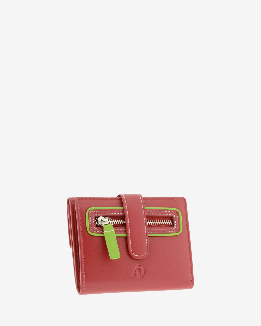 Cartera pequeña de piel roja con RFID, bolsillo exterior con cremallera, cierre central y ribete verde lima, referencia 4202-3