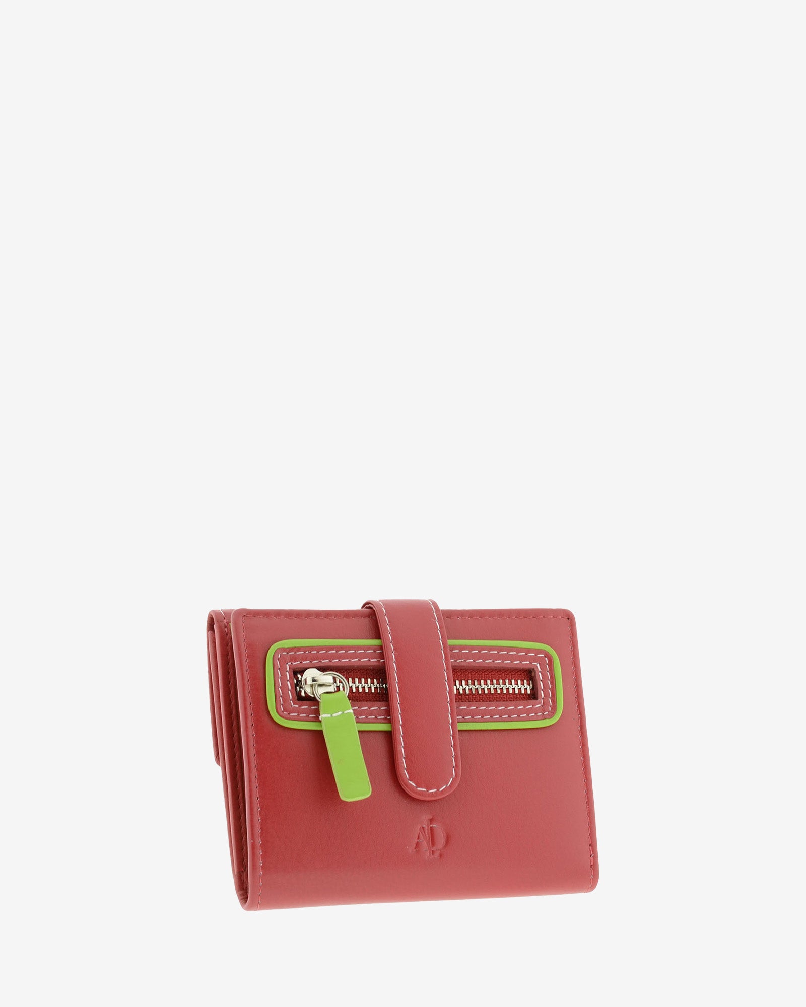 Cartera pequeña de piel roja con RFID, bolsillo exterior con cremallera, cierre central y ribete verde lima, referencia 4202-3